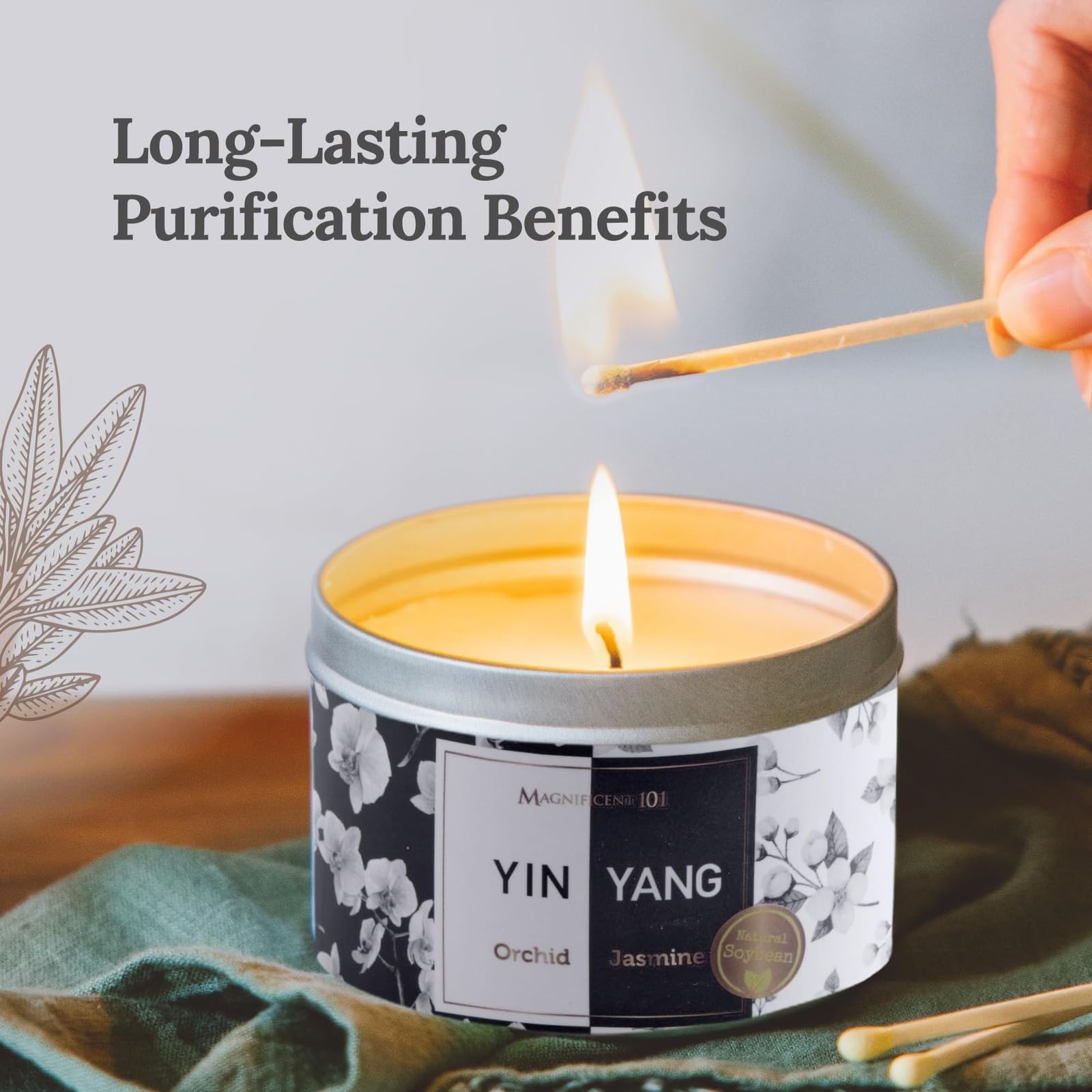 MAGNIFICENT 101 Yin Yang Smudge Candle - 6-Oz Soy Wax Tin - 35-Hr Burn Time & Orchid & Jasmine Scent - Energy Cleansing & Chakra