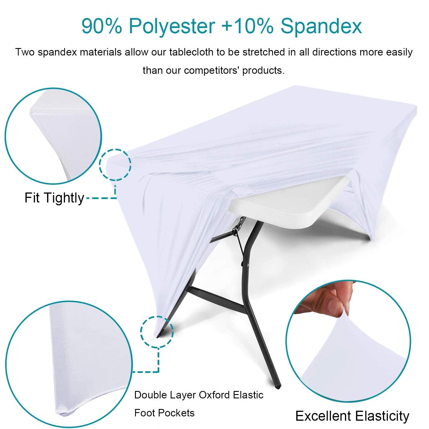 RELIANCER 2 Pack 6FT Rectangular Spandex Table Cover Four-Way Tight Fitted Stretch Tablecloth Table Cloth for Outdoor Party DJ Tradeshow Banquet Vendor Wedding Celebration (2PC 6FT  White)