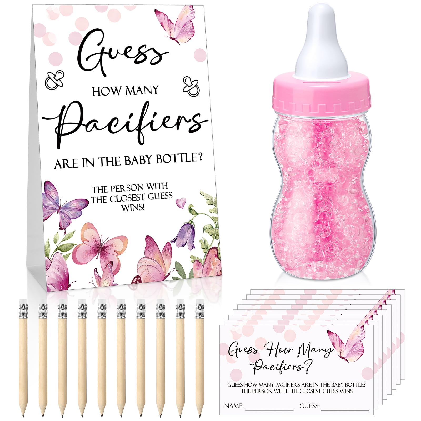 Roowest Baby Shower Games Guess How Many Pacifiers Greenery Game Sign 100 Small Guessing Games 10 Hb Pencils 750Ml Milk Bottle 4