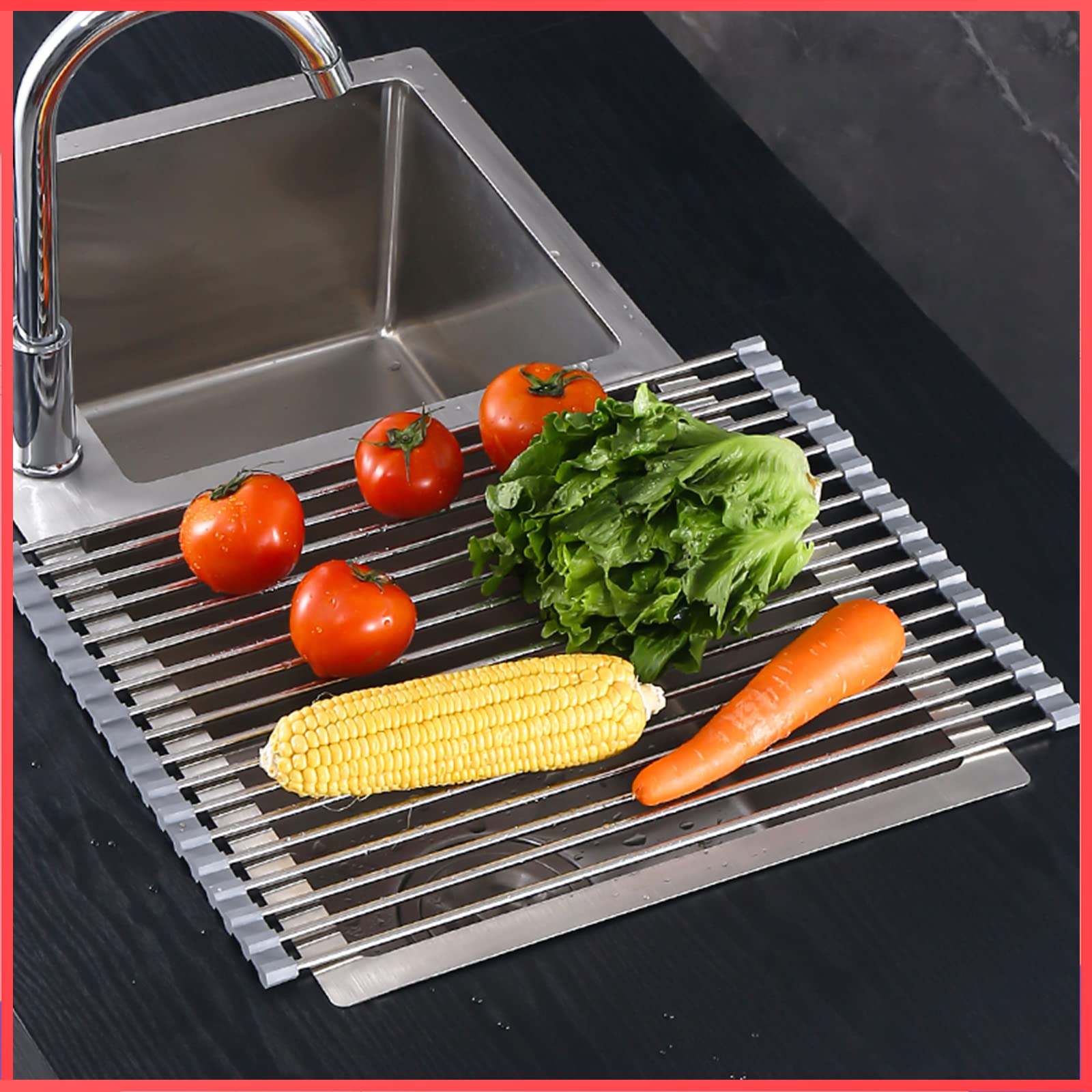 Wolpin Large RollUp Sink Dish Drying Rack Over Kitchen Mat, Stainless Steel Foldable Organizer Dish Drainer Sink Rack Utensils,