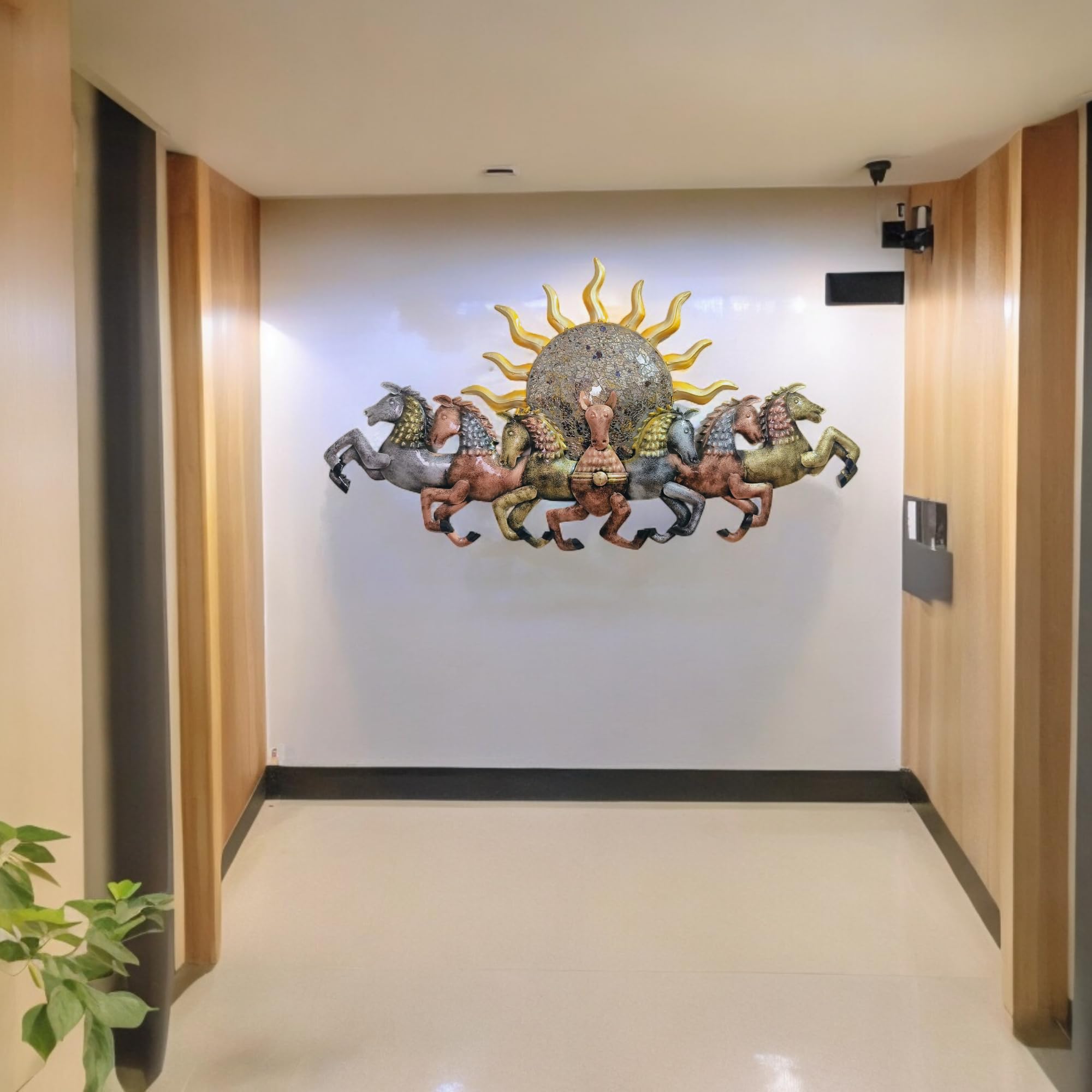 Metal Sun with Seven Running Horses Wall Decorative Showpiece with LED Lights Horses for Vatu Good Luck Home Wall Hanging Wall D
