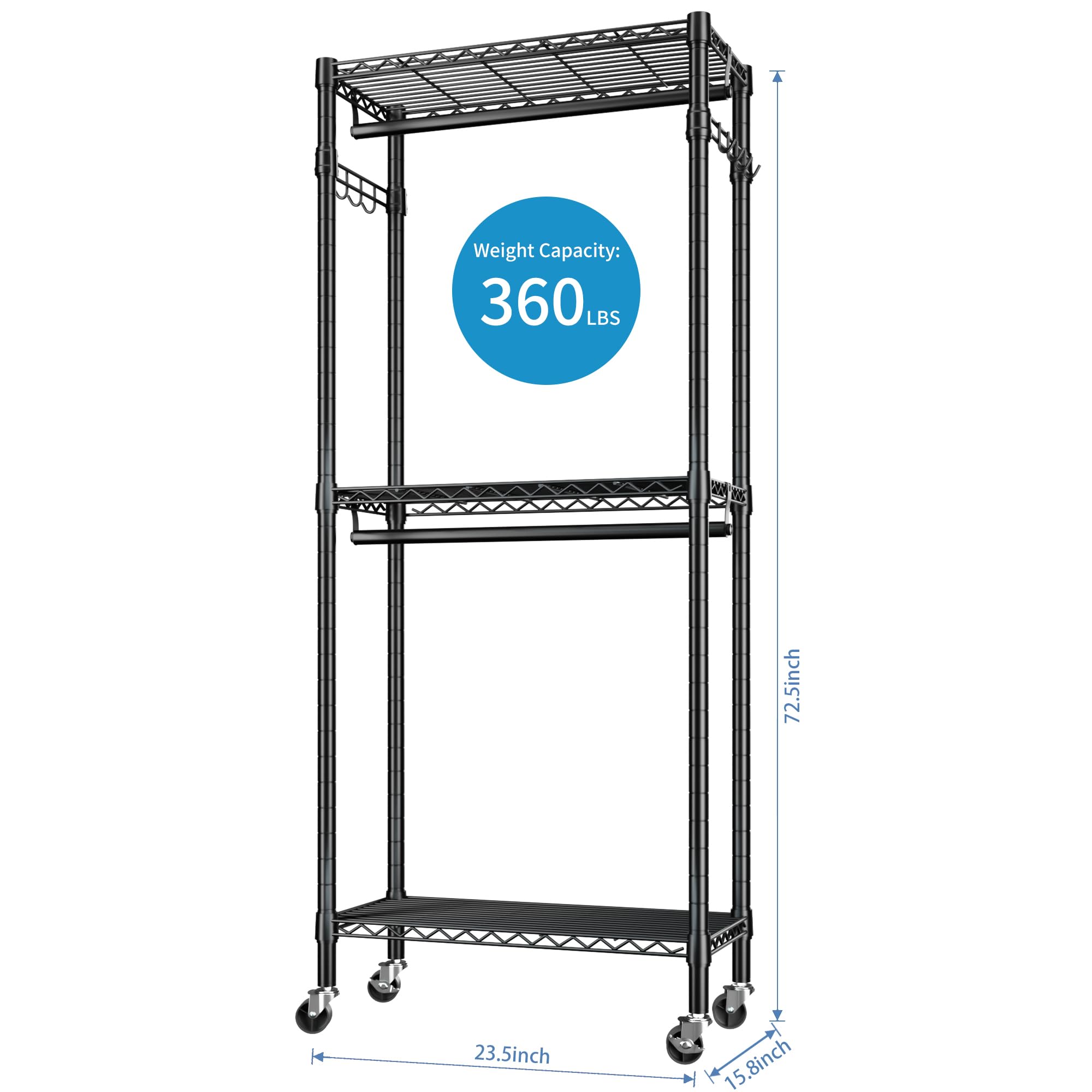 Heavy Duty Clothes Rack Rolling Garment Rack,3 Tier Adjustable Wire Shelving Clothing Racks For Hanging Clothes With Double Rods