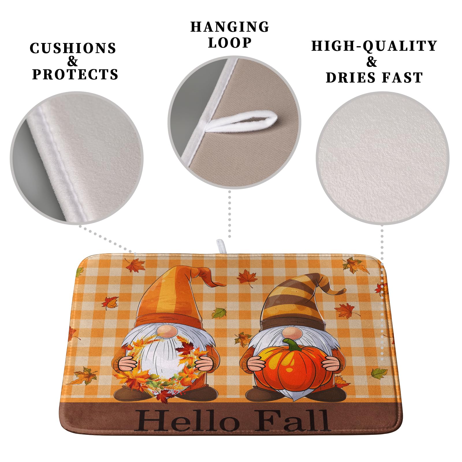 Hello Fall Autumn Gnomes Dish Drying Mat 16x18 Thanksgiving Pumpkin Maple Leaves Harvest Kitchen Drying Mat Orange White Buffalo