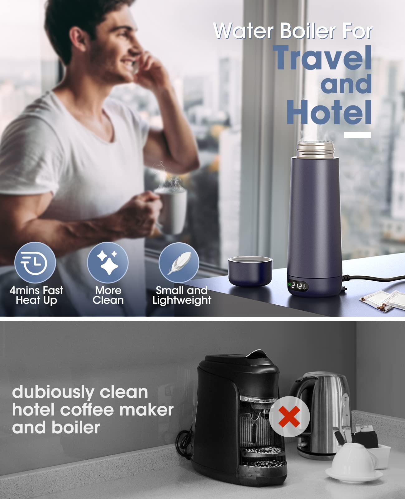Travel Kettle, Dual Voltage Portable Electric Kettle 110V-220V-240V Smart Small Water Boiler For Tea & Coffee, 316 Stainless Ste