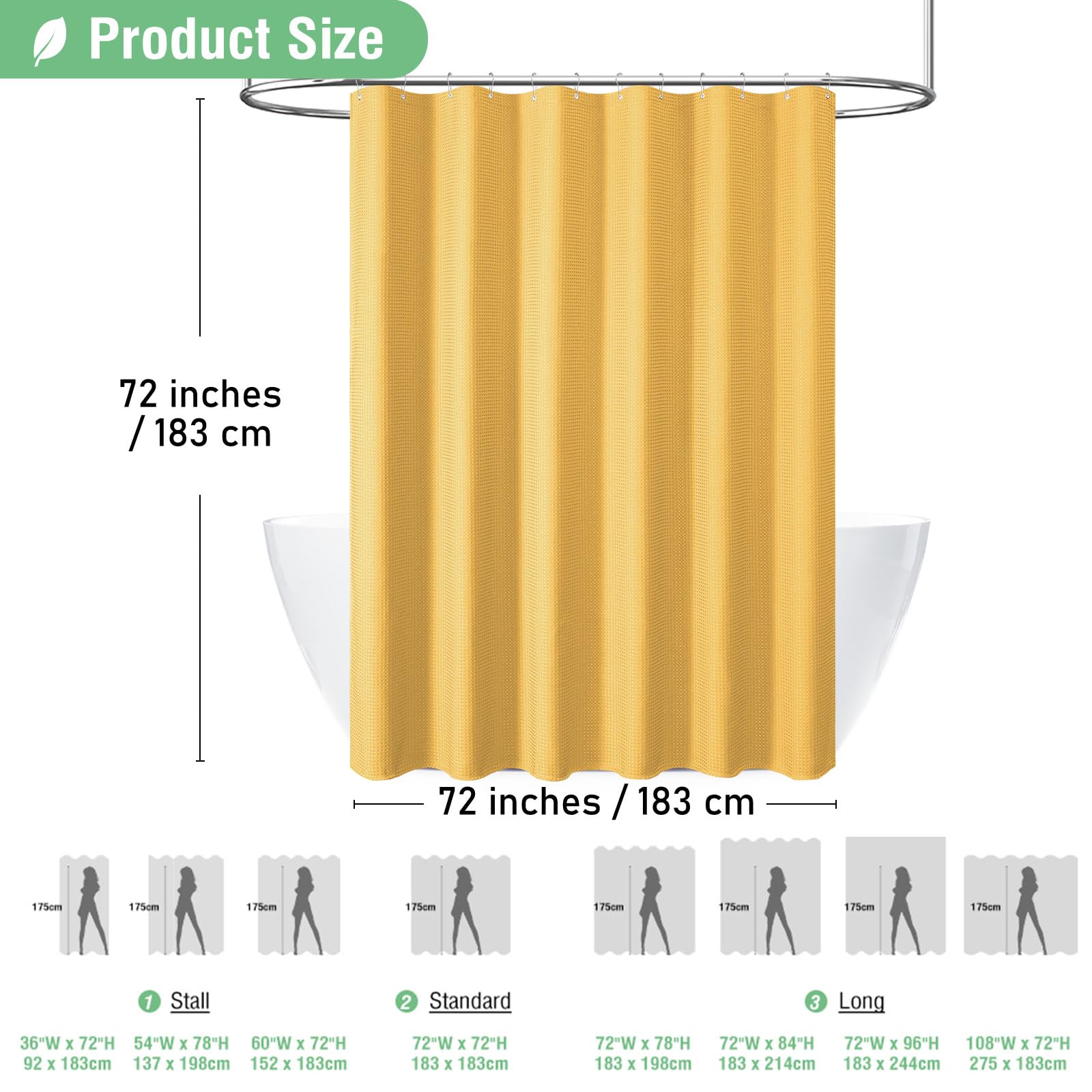Dynamene Gold Fabric Shower Curtain - Waffle Weave Textured Heavy Duty Cloth Shower Curtains For Bathroom, 256Gsm Hotel Luxury W