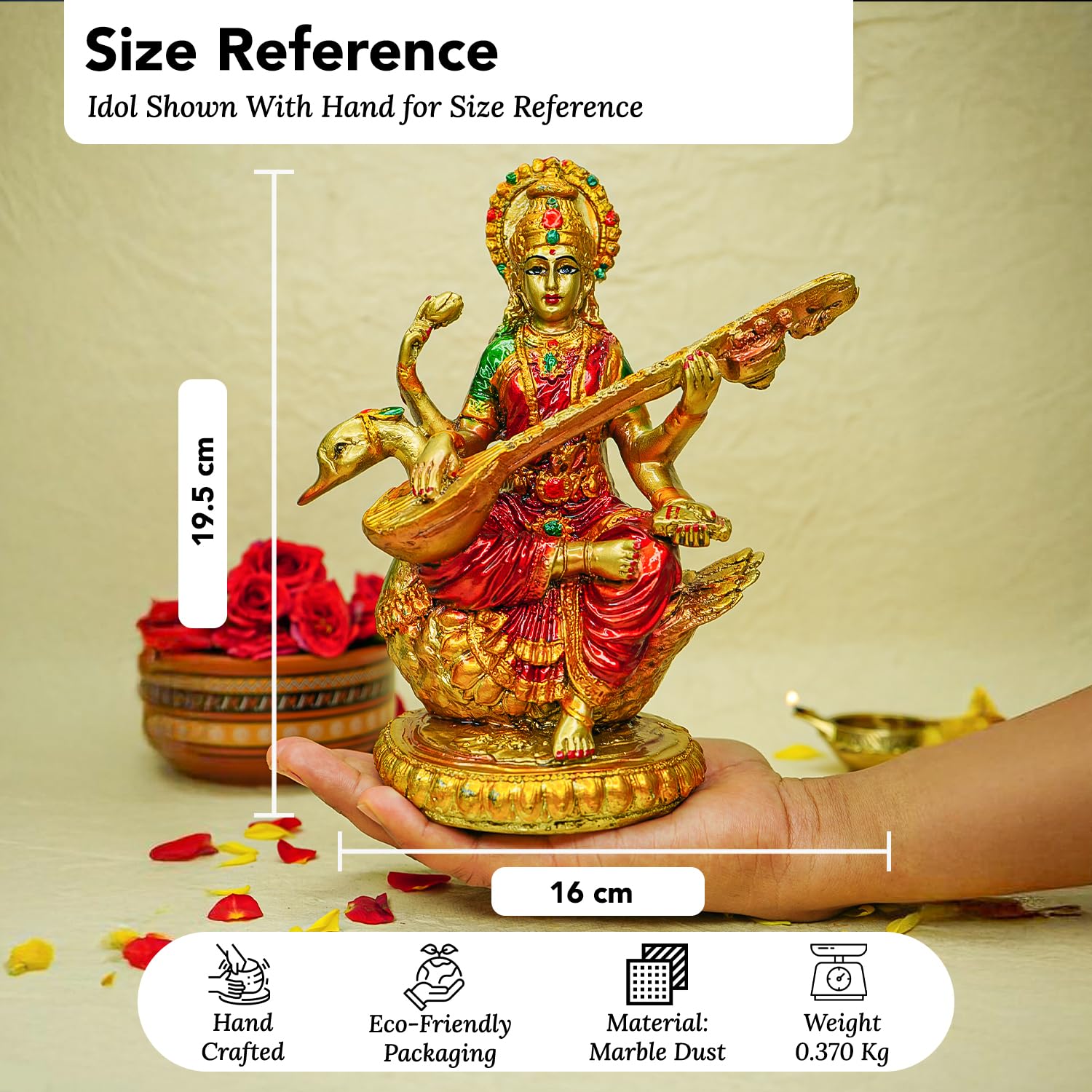 Ekhasa Hand Painted Maa Saraswati Idol (8 Inch) | Gold Marble Dust Saraswati Maa Murti For Study Table, Pooja, Home | Resin Sara