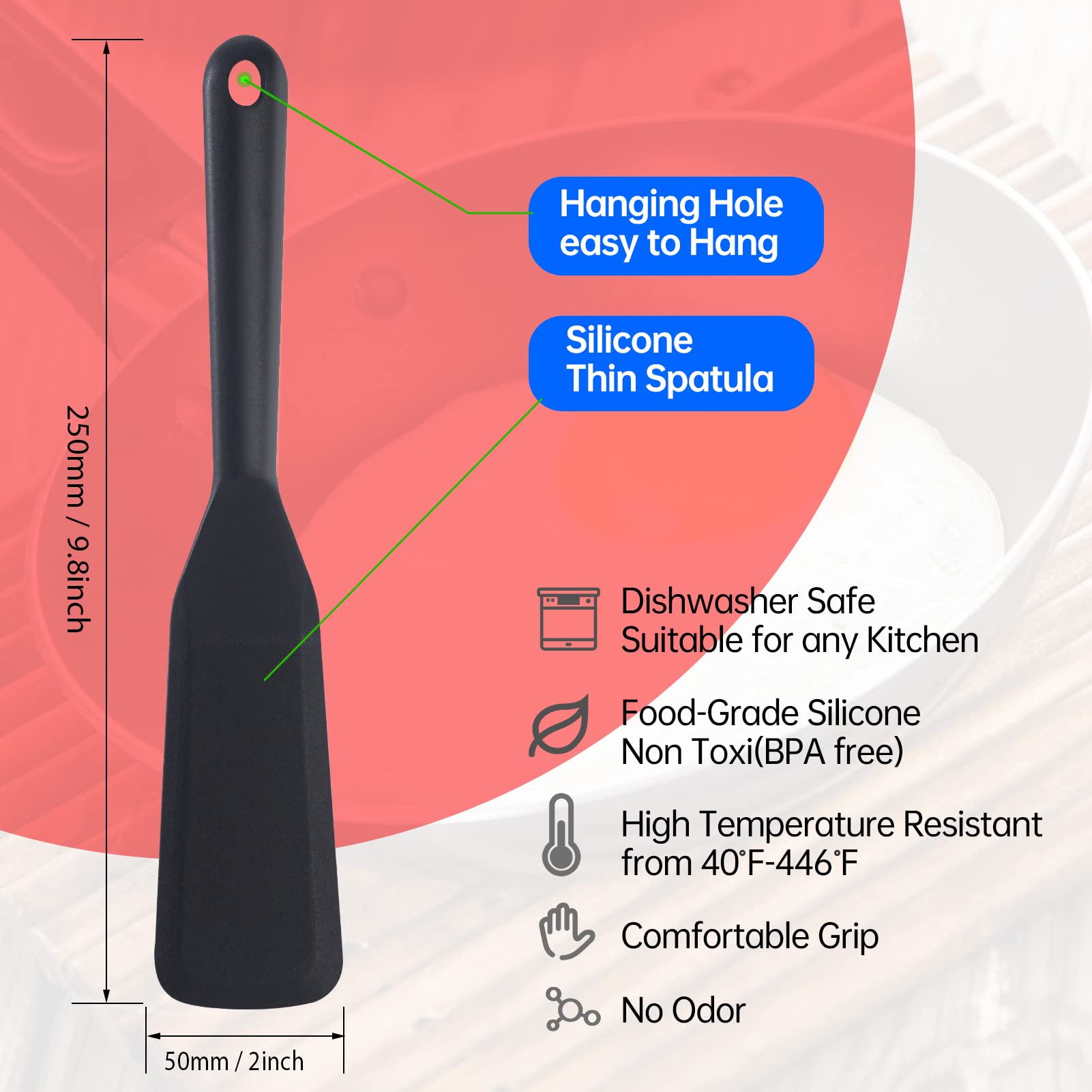 2 Pack Silicone Thin Spatula,Omelet Spatula Turner,Heat Resistant Cooking Spatula, Long Crepe Spatulas For Nonstick Cookware,Pan