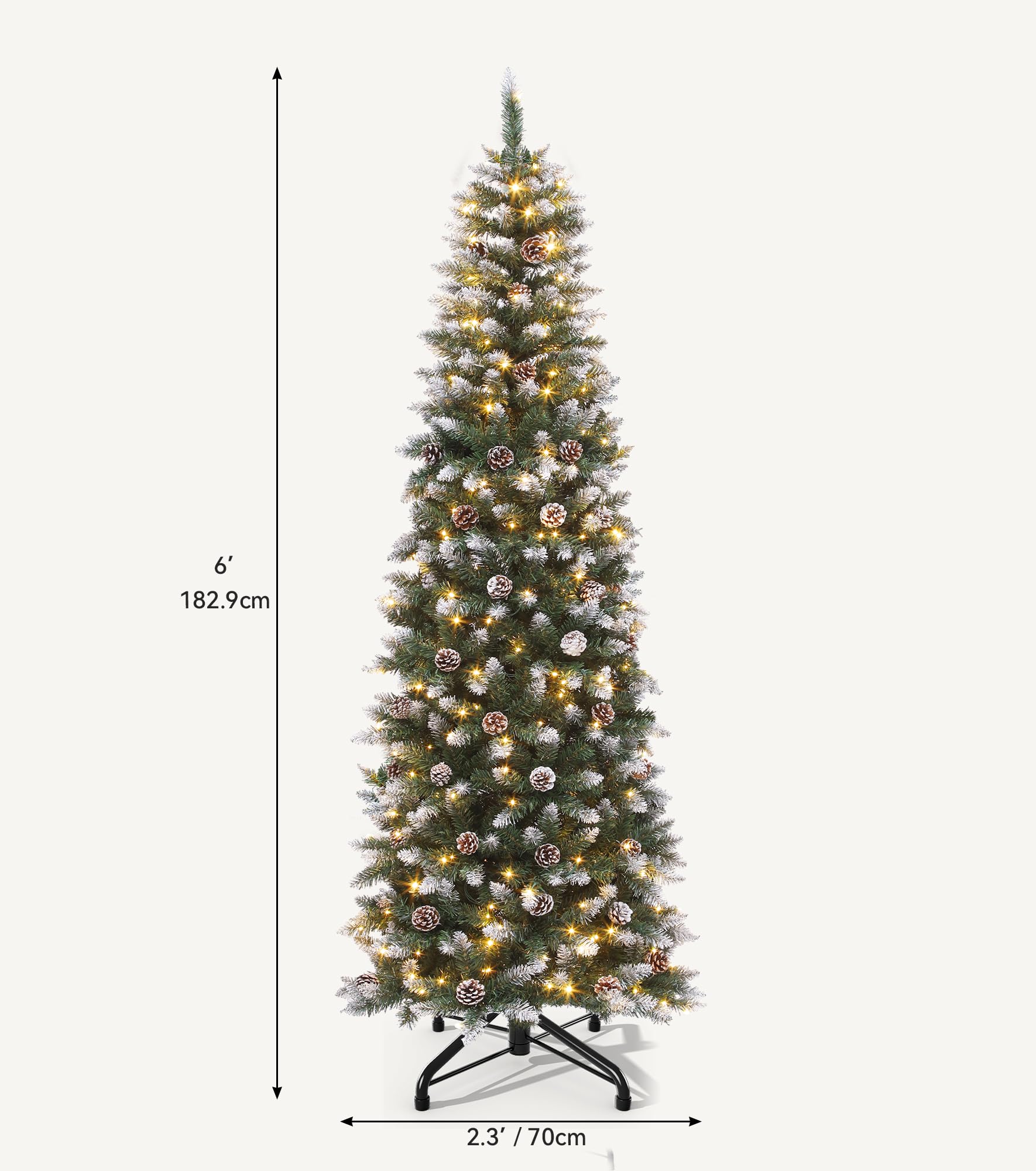 DWVO 6ft Pre-lit Artificial Christmas Tree, Slim Partial Snowy Pencil Kingswood Fir Christmas Trees with 50 Pine Cones, 618 Bran