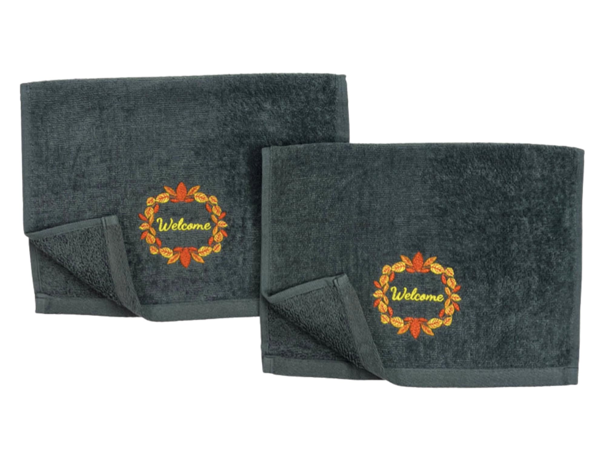 Decorative Fall Harvest Hand Fingertip Towels: Cute Welcome Wreath On Plush Soft Cotton Grey Orange, Set Of 2 12'' X 18''