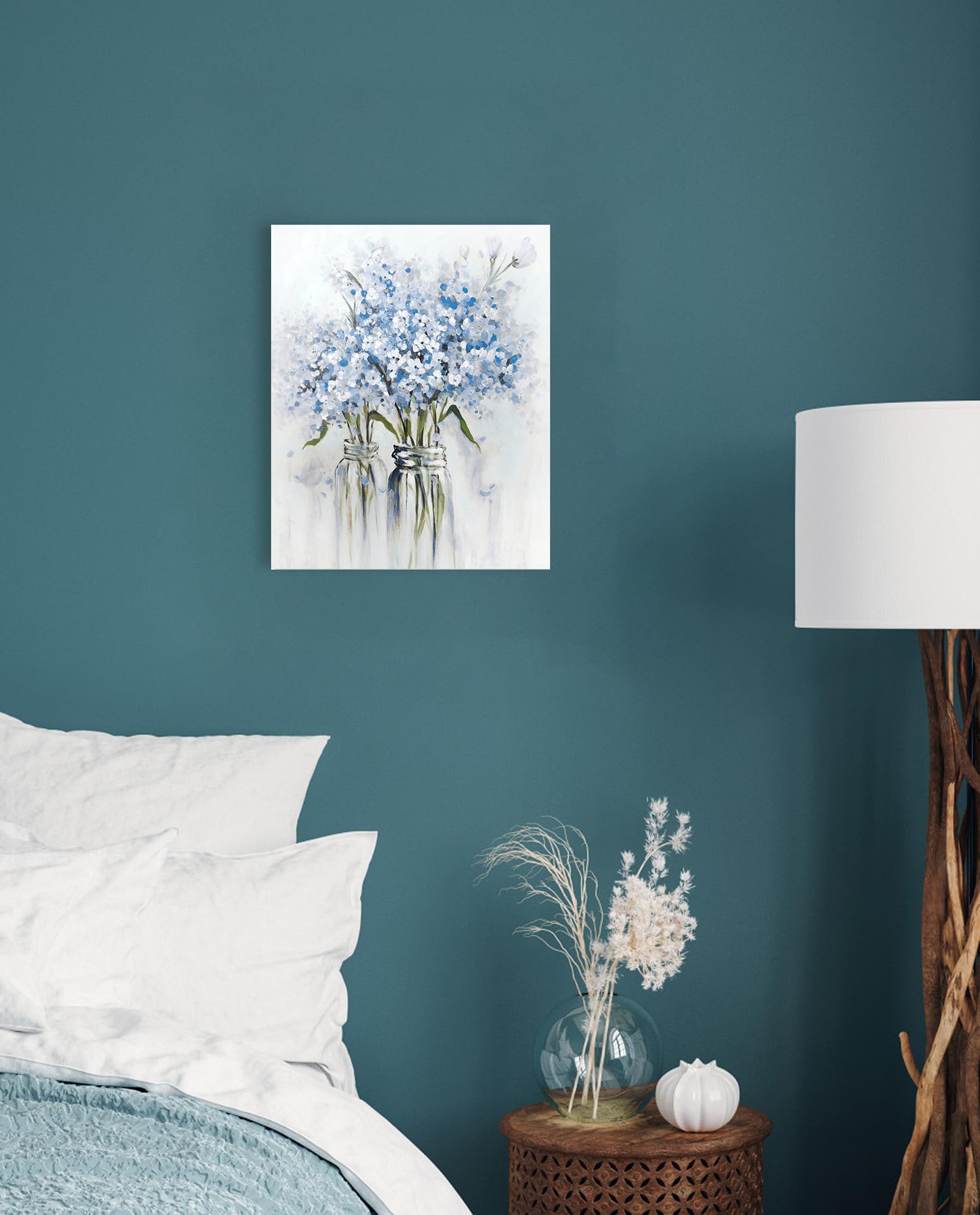 Ypy Blue Flowers Canvas Wall Art: Abstract Bouquet In Vase Artwork Prints For Teen Girl Bedroom Blue Floral Picture Poster Bathr