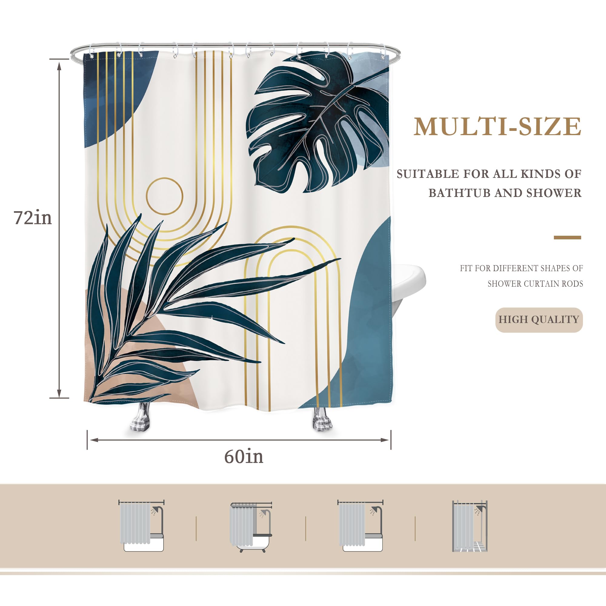 Glawry Boho Navy Blue Shower Curtain Mid Century Abstract Tropical Palm Leaf Modern Minimalist Plant Botanical Bathroom Geometri