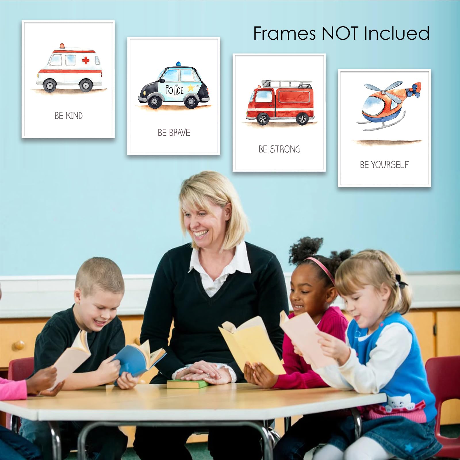 4 Pcs Emergency Vehicle Wall Art Car Nursery Decor Boys Room Wall Decor, Unframed, Cute Fire Truck Ambulance Police Car Transpor