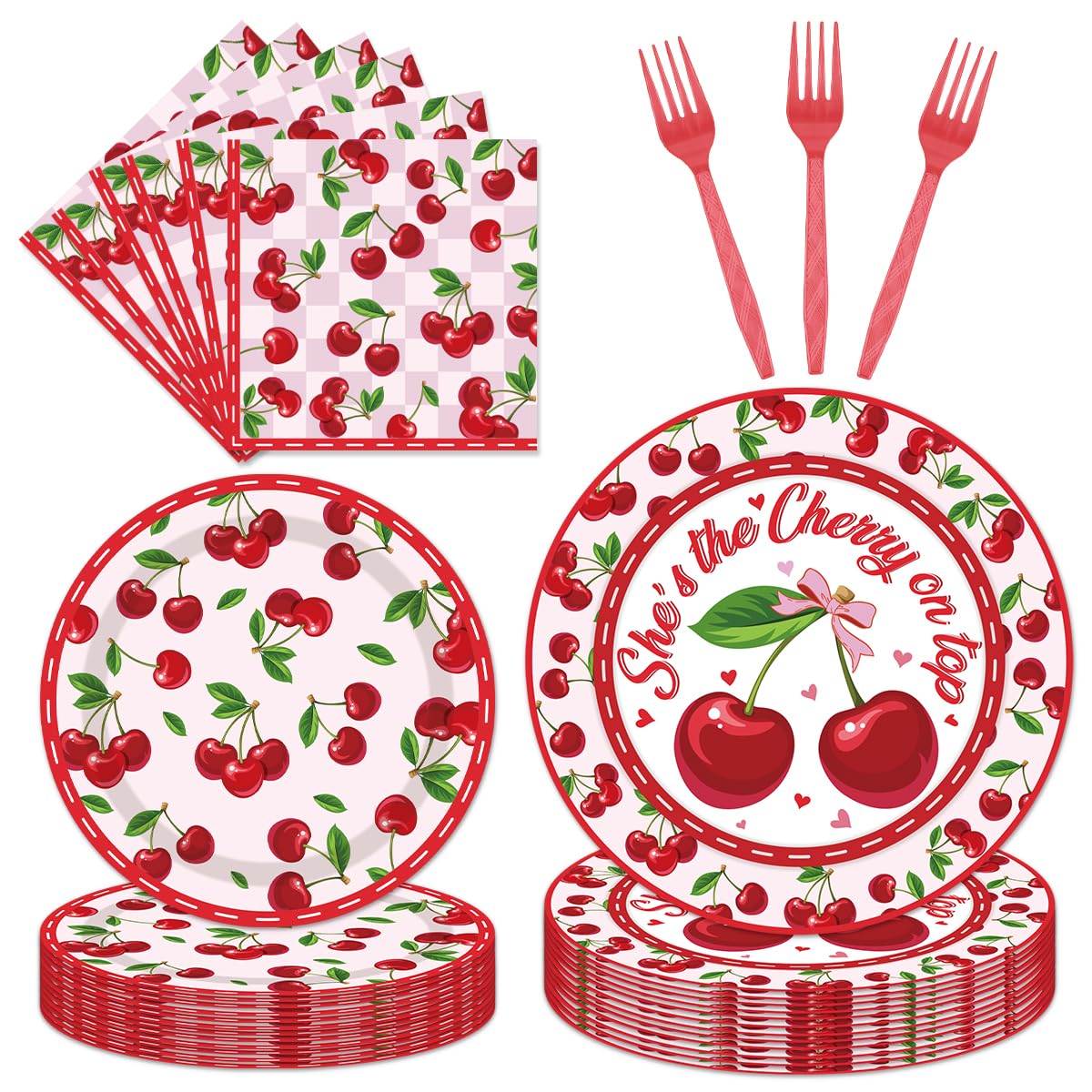 96 Pcs Cherry Birthday Decoration Disposable Tableware Set - Shes the Cherry On Top Paper Plates Napkins Forks Fruit Cherry The
