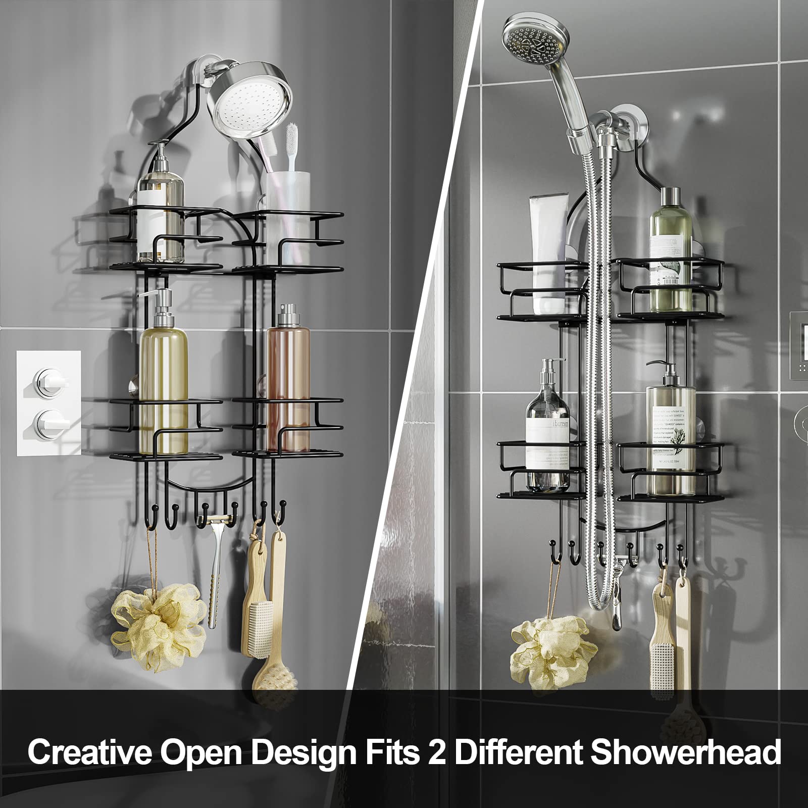 Sriwatana Shower Caddy Hanging Over Head, Bathroom Shower Organizer Shower Rack Holder With Hooks For Razors - Black