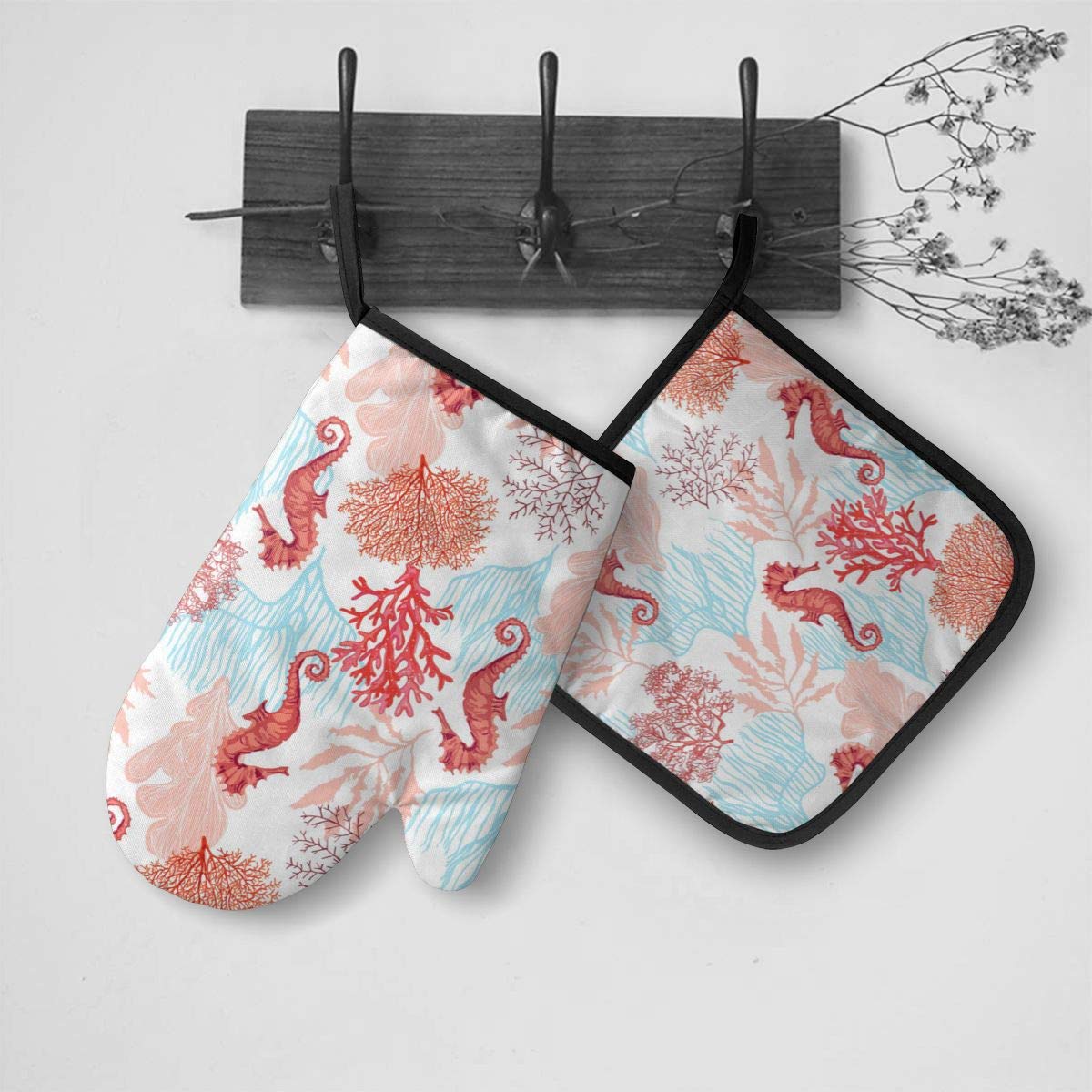 Vunko Sea Horse Oven Mitts And Pot Holders Sets Heat Resistant Coral Oven Gloves With Non-Slip Surface For Safe Bbq Cooking Baki
