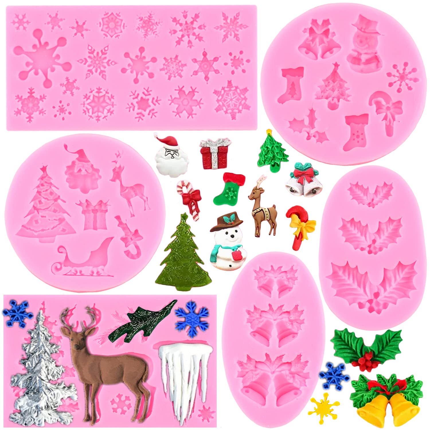 Miyahouse Christmas Silicone Molds Christmas Bell Holly Leaves Snowflakes Elk Fondant Mold Santa Claus Molds For Xmas New Year P