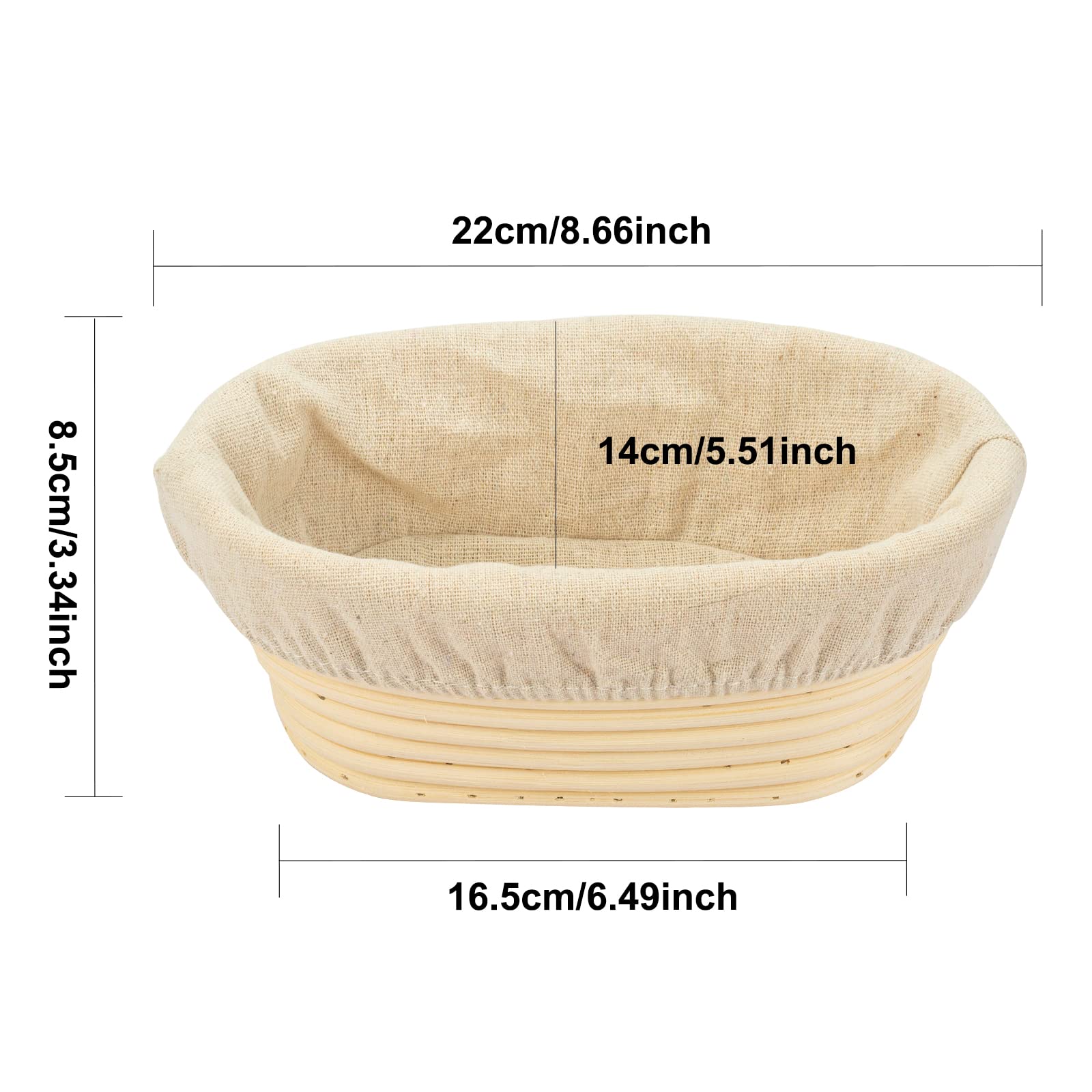 2 Pcs 8 Inch Oval Long Banneton Brotform Bread Dough Proofing Rising Rattan Basket & Liner For Professional & Home Bakers