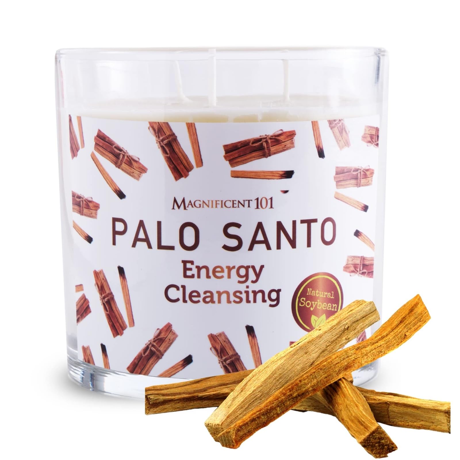 Magnificent 101 Long Lasting Palo Santo Scented Aromatherapy Candle | 14 Oz - 56 Hour Burn | All Natural Soy Wax Smudge Candle f