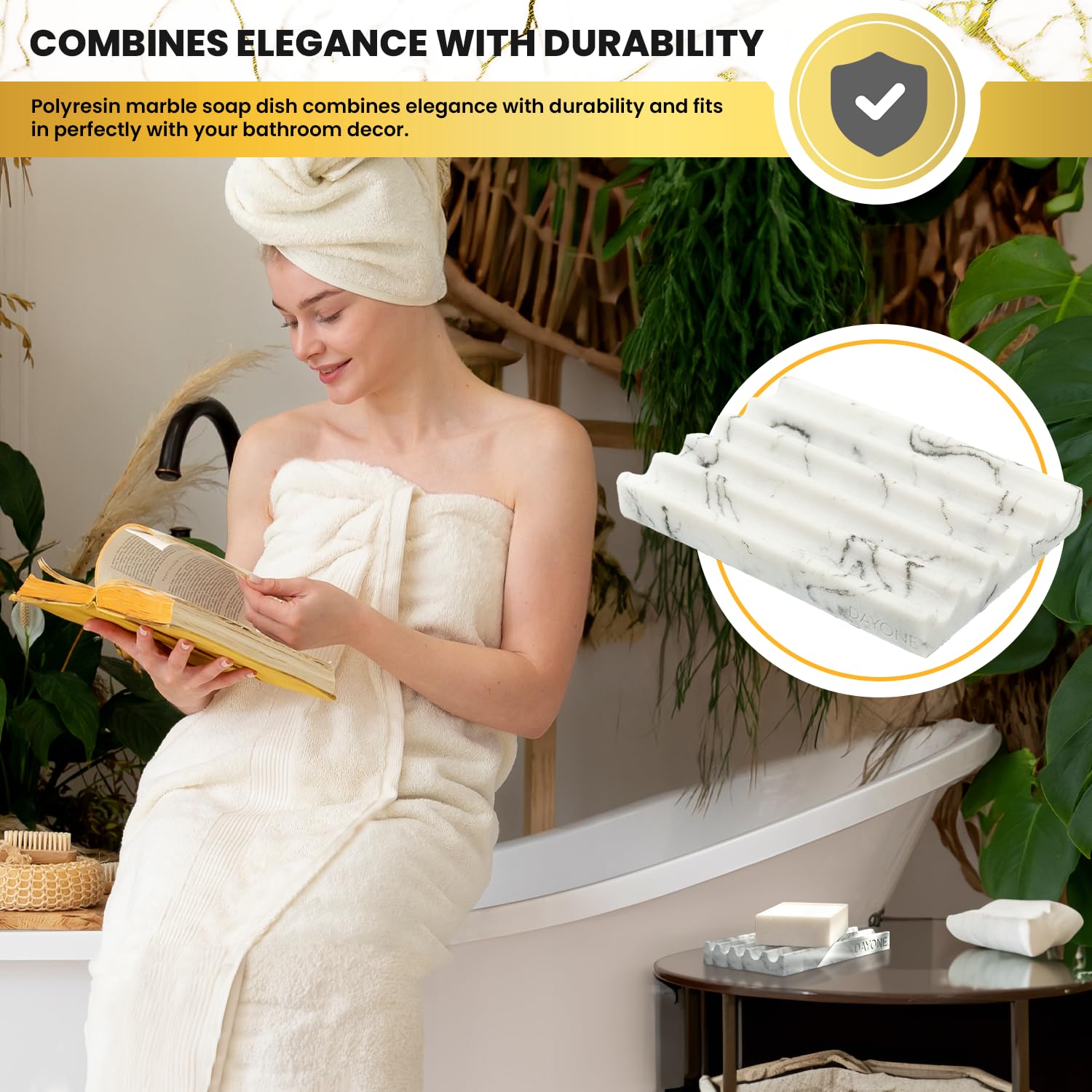 Day1 Soap Holder With Marble Look - Soap Dish With Soap Saver Ridges Rectangle Bar Soap Holder With Non Slip Feet - Soap Tray Fo