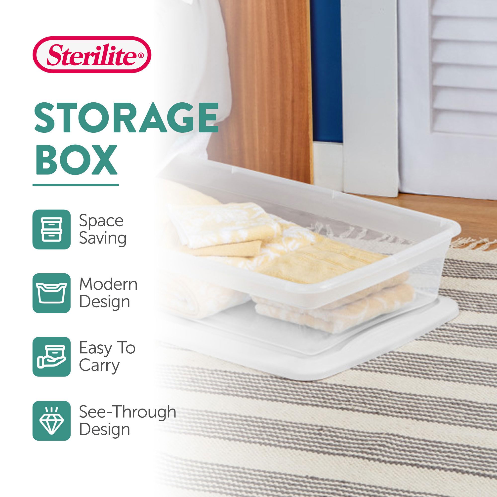 Sterilite 41 Qt Lightweight Underbed Storage Box, Stackable Bin with White Lid, Plastic Container to Organize Bedroom, Clear (12