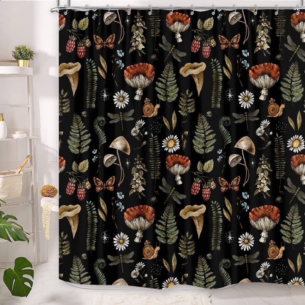Goaok Vintage Mushroom Boho Shower Curtain, Magic Fairy Witchy Woodland Nature Plant Shower Curtain Set, Hippie Botanical Floral