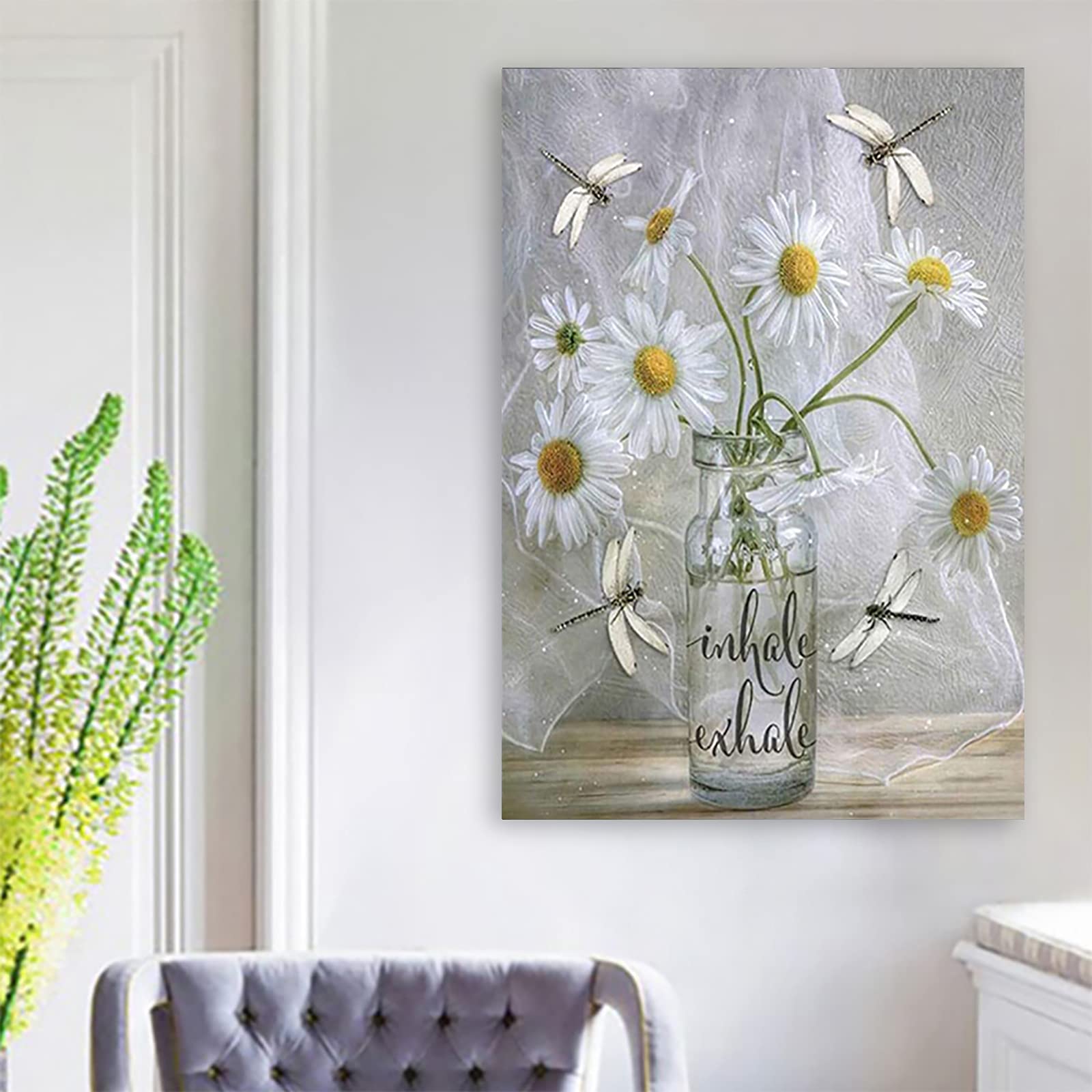 Unikei, Daisy Wall Art Canvas Deep Breath Inhale Exhale Inspirational Art Poster Paintings Flower In Vase White Floral Dragonfli