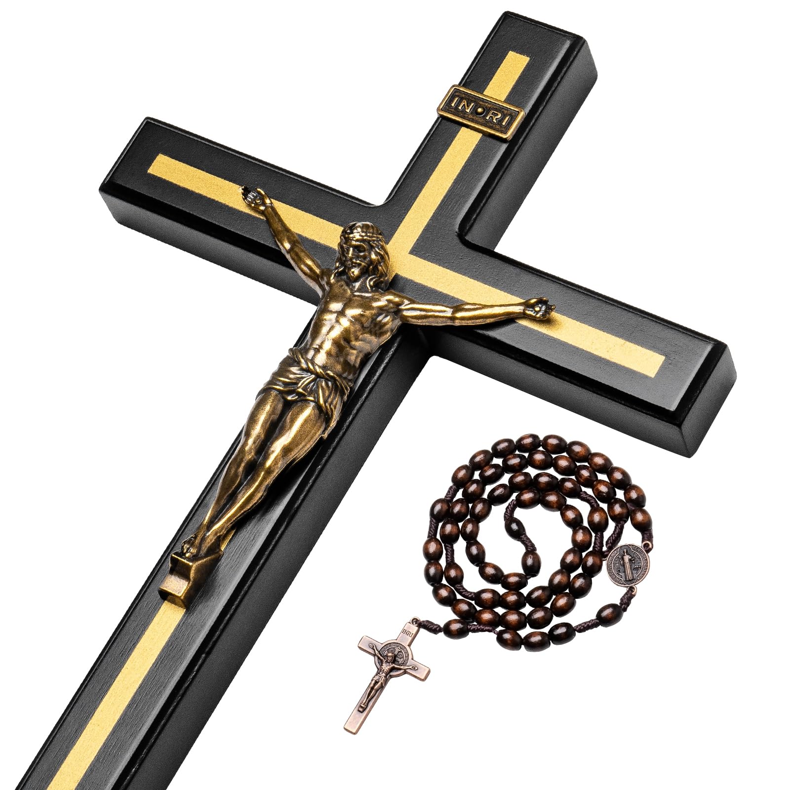 KUXBET 12 Inch Wall Crucifix Cross with Wooden Cross Necklace, Catholic Wooden Jesus Christ Wall Hanging Cross for Home Decor