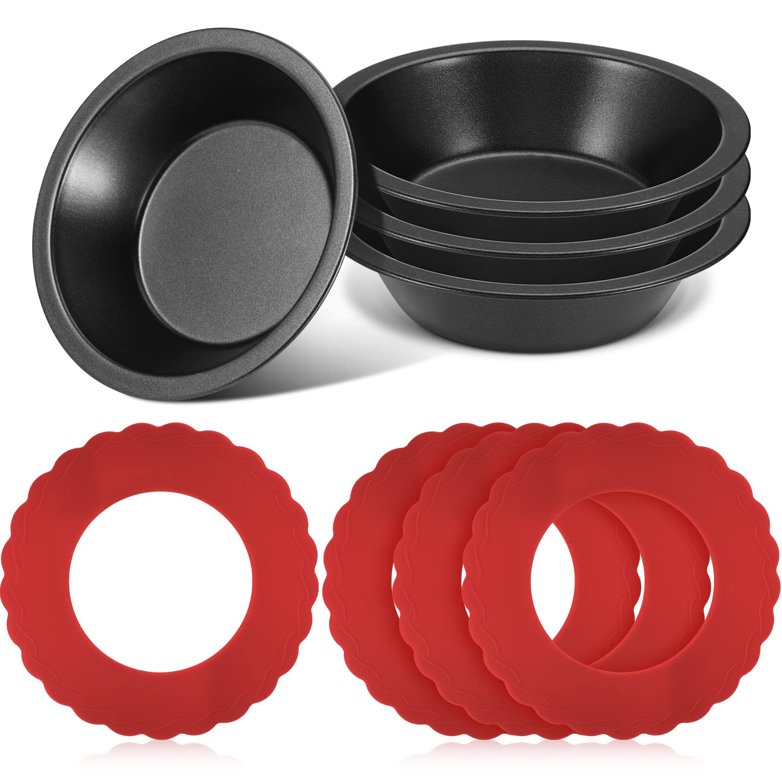 Set Of 8 Pie Dish Set Including 4 Pcs Mini Pie Pans Nonstick 5 Inch Mini Metal Bakeware 4 Pcs Silicone Pie Crust Protector 3.5-6