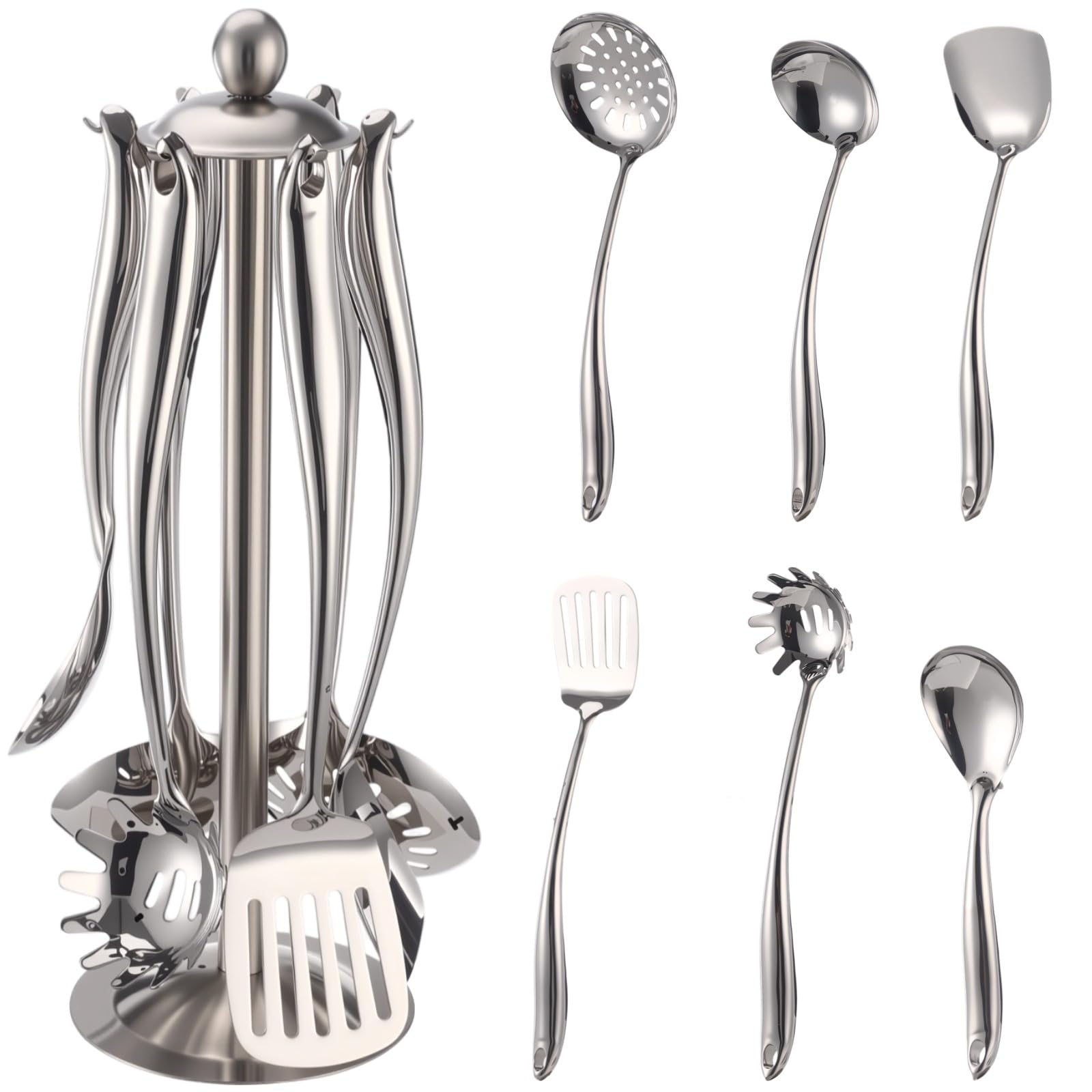 7Piece 304 Stainless Steel Kitchen Utensil Set, Complete Cooking Tools Set with Turner, Soup Ladle, Skimmer, Slotted Spatula, P