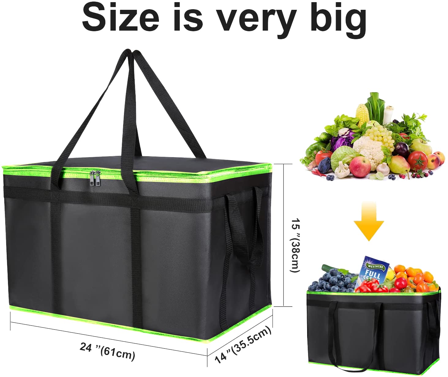 2 Pack Xxxl-Large Insulated Grocery Shopping Bags, Green, Reusable Bag,Thermal Zipper,Collapsible,Tote,Cooler,Food Transport Hot
