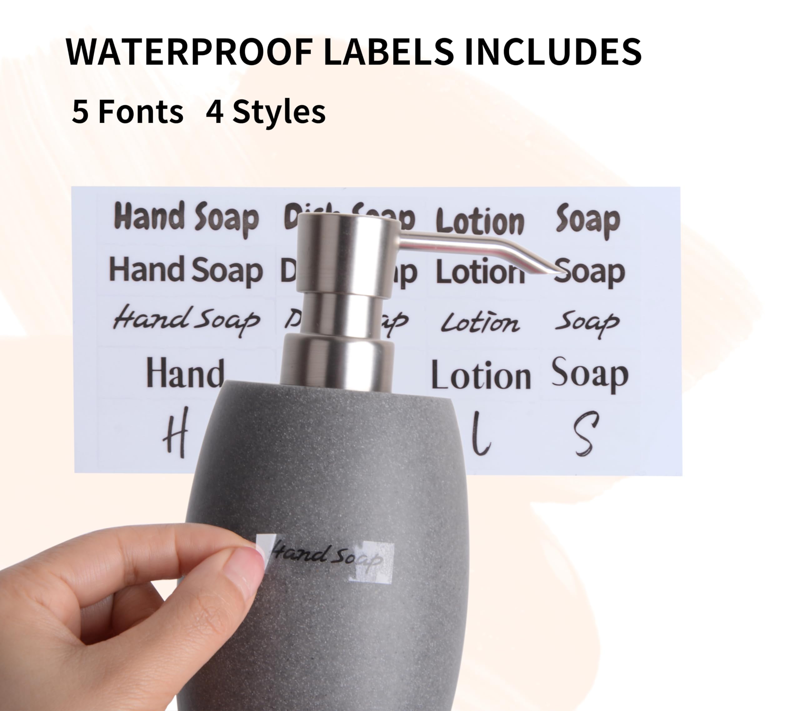 Clasin Home Sandstone Textured Resin Soap Dispenser With Metallic Pump And Waterproof Bottle Labels For Bathroom Kitchen Dish Ha