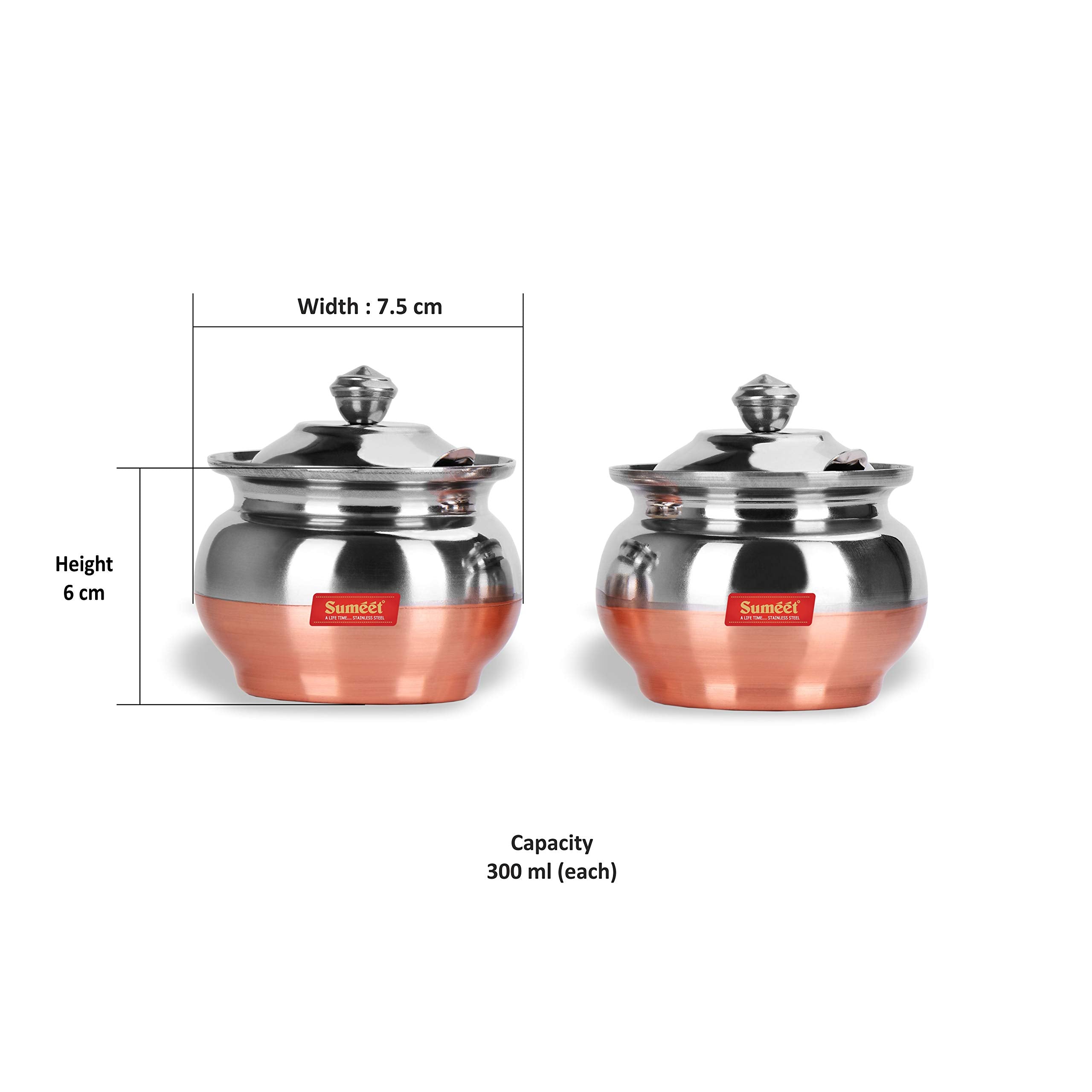 Sumeet Stainless Steel + Copper Bottom 2 Pc Ghee Pot Set - Capacity 300Ml, Dia - 7.5Cm (Each)