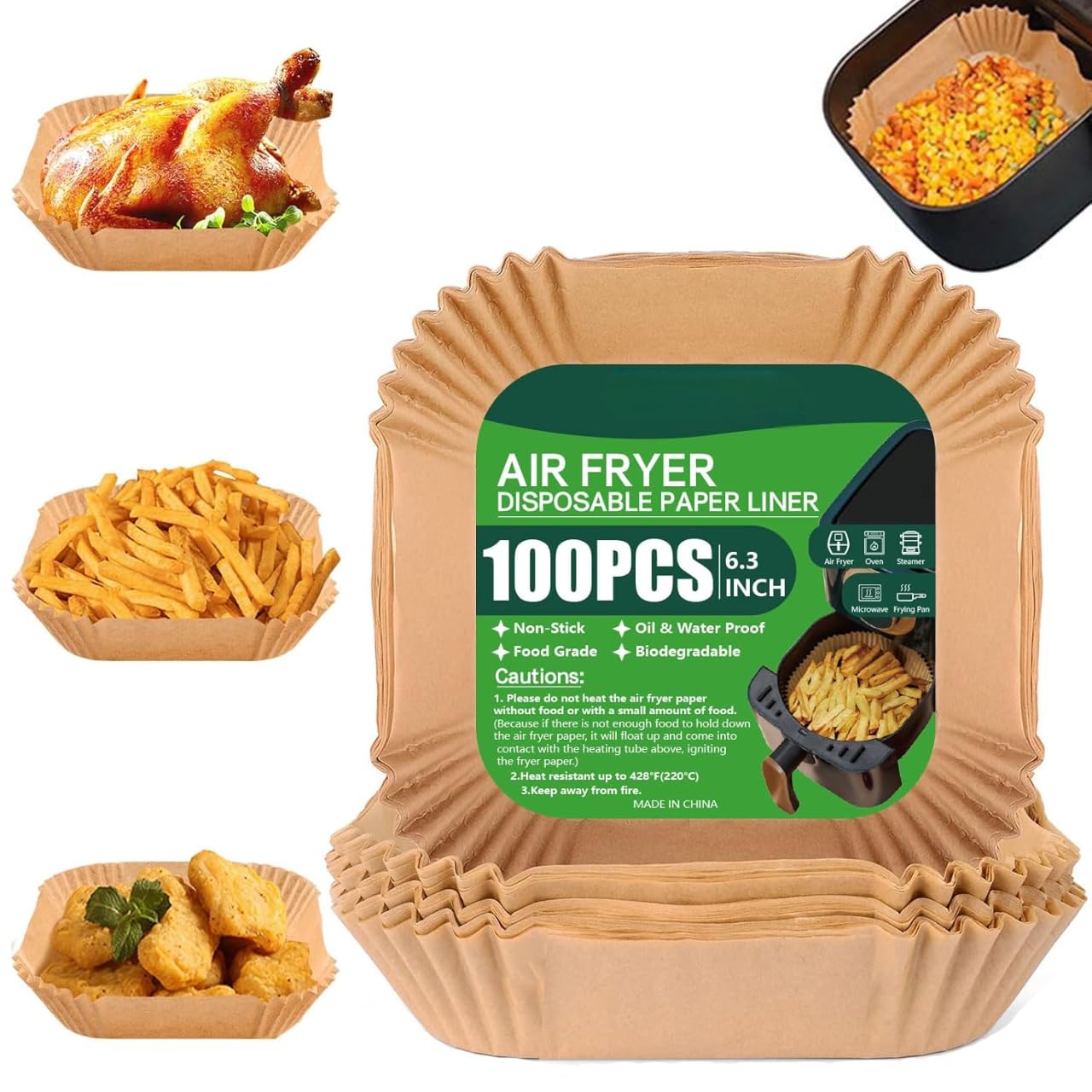 Bigiico Air Fryer Disposable Standard Paper Liners: 100Pcs Oil Proof Parchment Sheets, Airfryer Paper Basket Bowl Liner For Baki