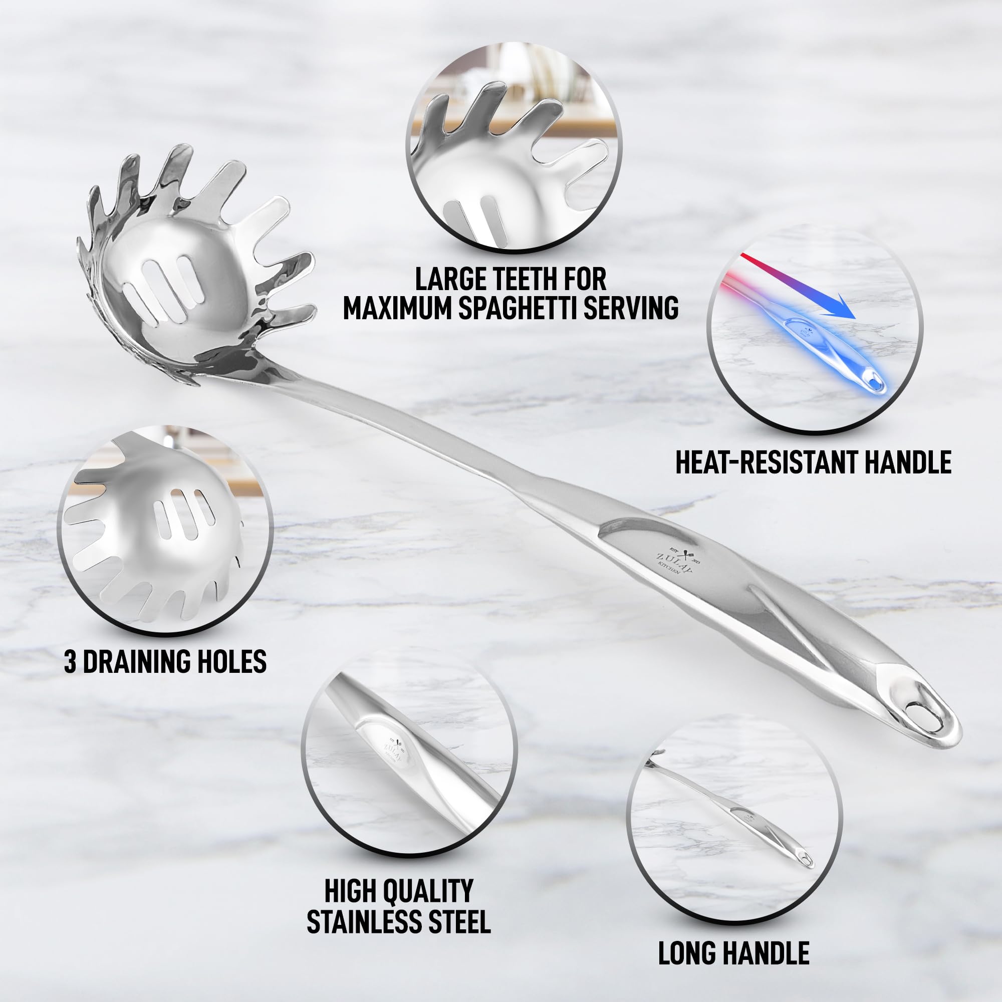 Zulay Kitchen Premium Stainless Steel Spaghetti Spoon - Pasta Spoon With Teeth - Metal Pasta Spoon - Pasta Fork Noodle Spoon - E