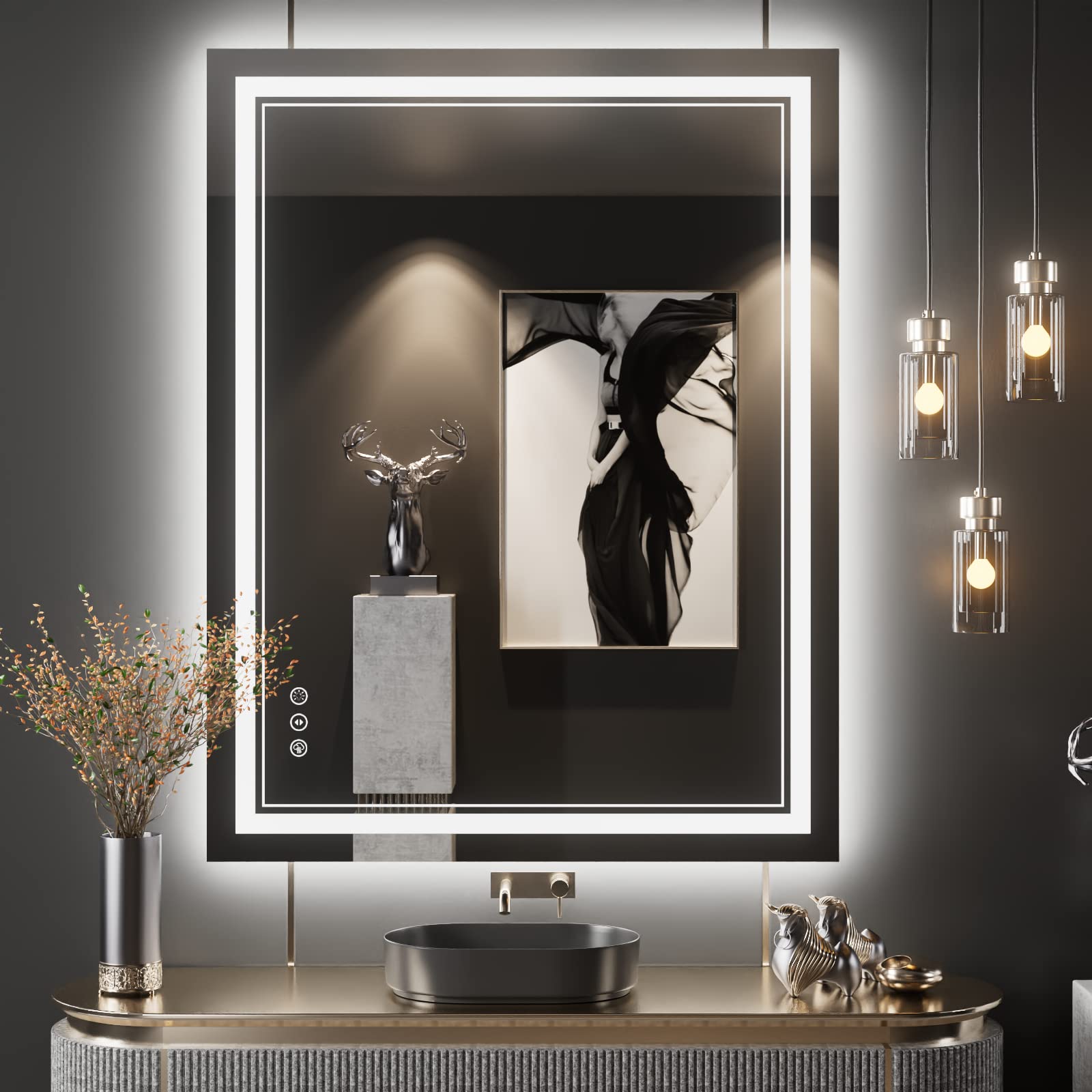 Istripmf 28X36 Inch Led Bathroom Mirror With Lights, Front And Backlit,Anti Fog Dimmable Lighted Bathroom Vanity Mirror, Shatter