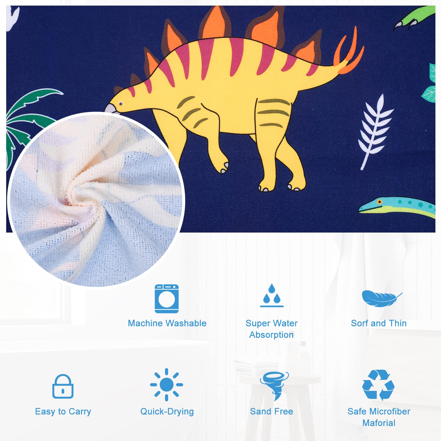 Livilan Dinosaur Beach Towel For Kids, Soft Microfiber 24'' X 48'', Quick Dry, Sand Free, Perfect For Boys Bath, Pool, Travel, D