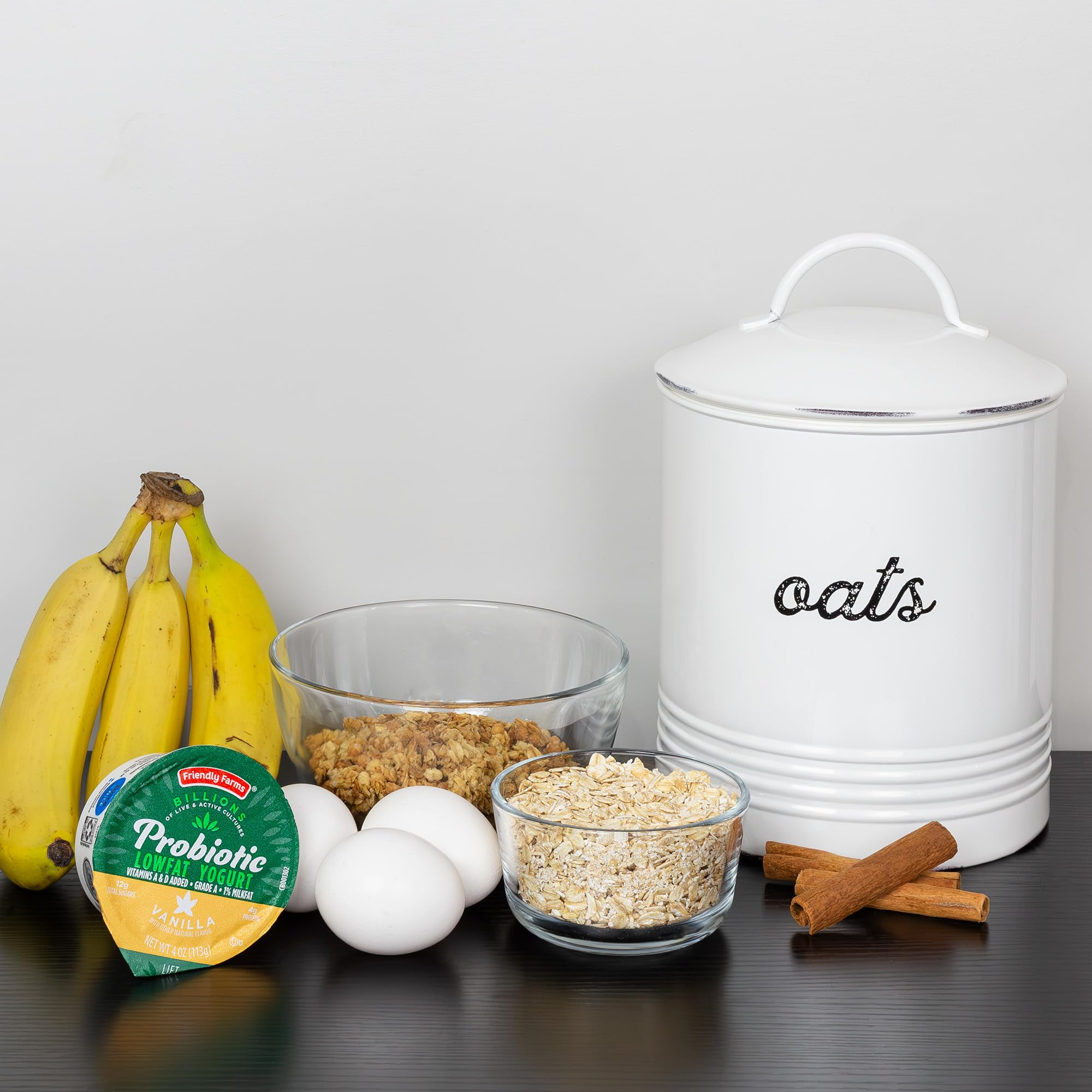 AuldHome Farmhouse Enamelware Oatmeal Canister (White); Rustic Distressed Style Oats Storage for Kitchen