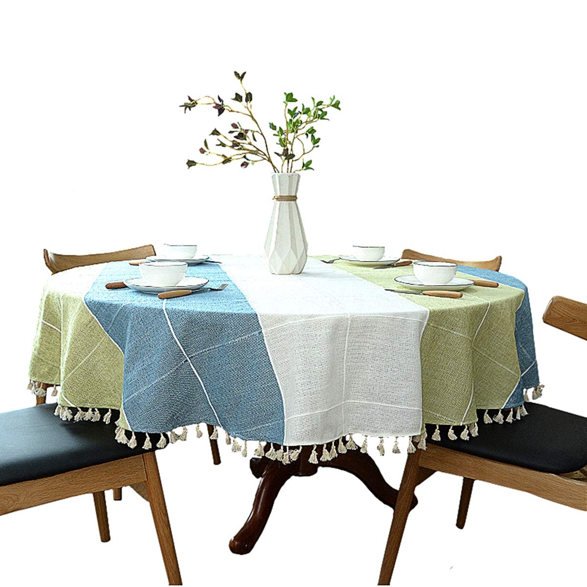 Heavy Weight Cotton Linen Tablecloth, Plaid Tassel Round Table Cover For Kitchen Dining Room Tabletop Decorations, Round - 63'',