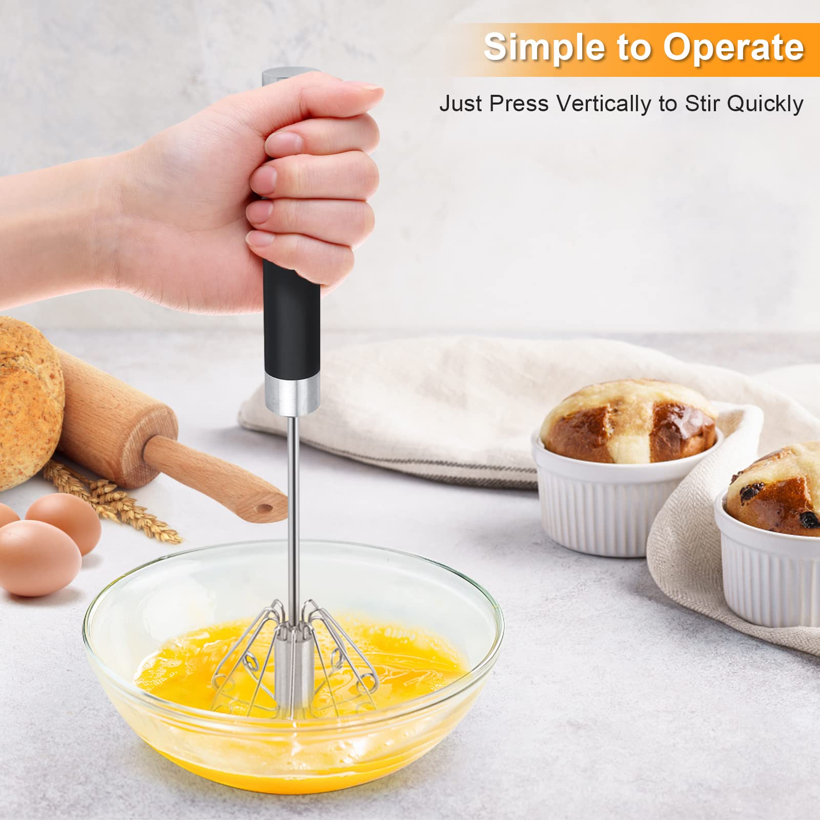 Manual Whisk Egg Beater, Stainless Steel Anti Rust Hand Push Egg Beater Manual Blender Rotatable Egg Beater Whisk Hand Semi Auto