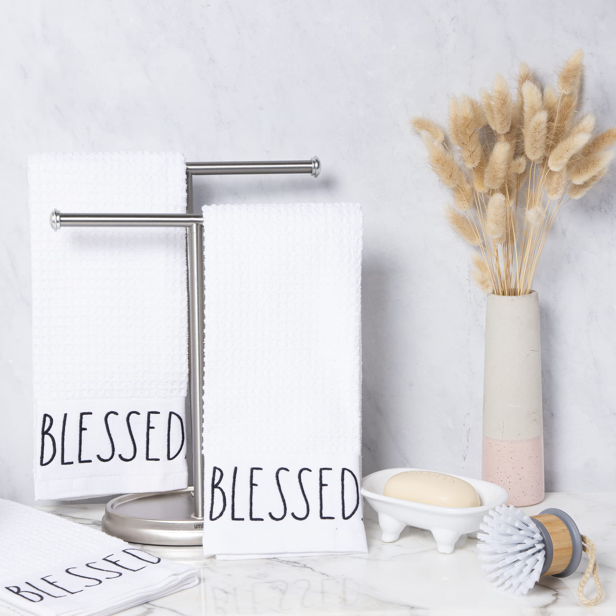 Rae Dunn Set of 3 Hand Towels for Kitchen and Bathroom  100% Cotton  Embroidered White Dish Towels Embroidered Blessed  16 inches x 26 inches Decorative Hand Towels