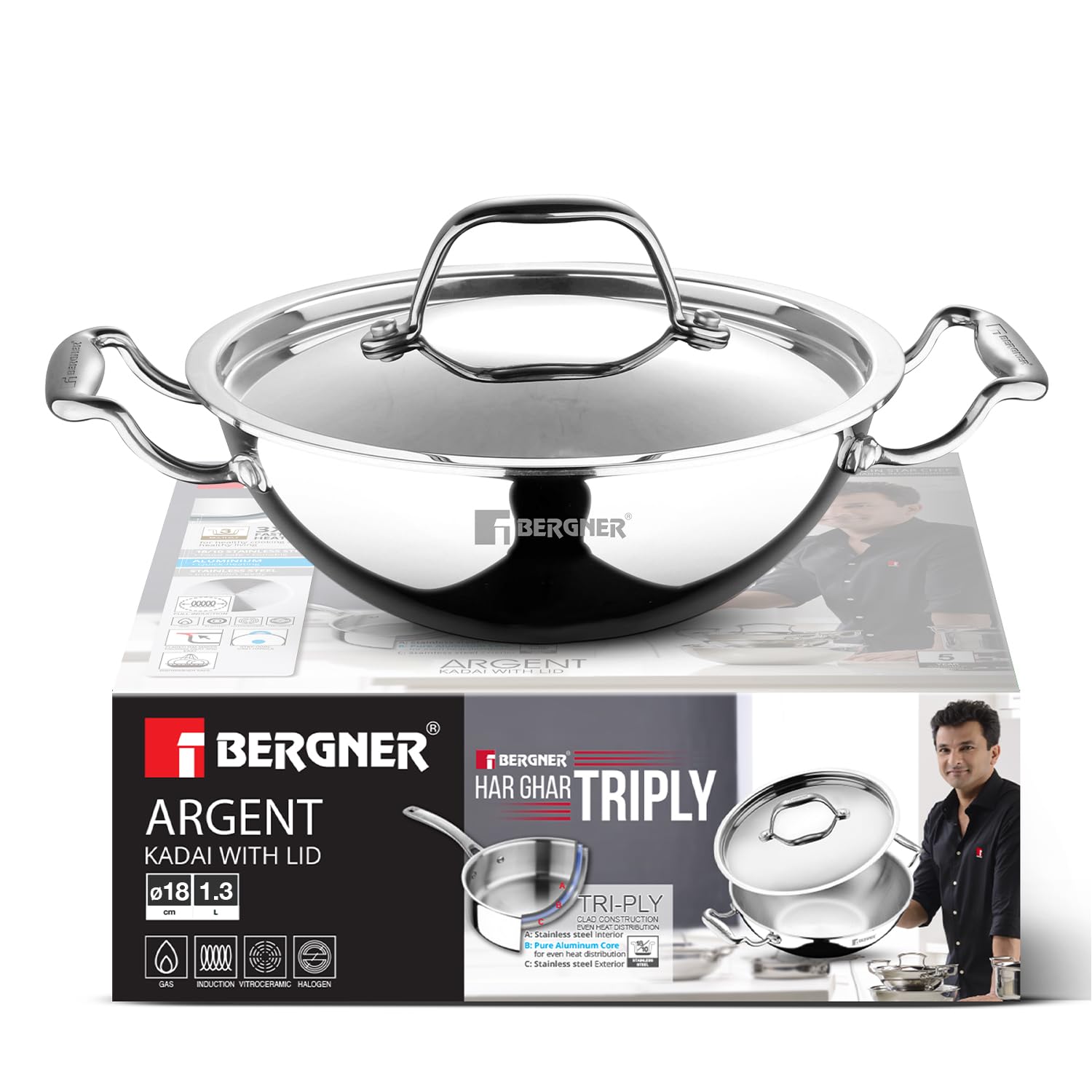 Bergner Argent Triply 18Cm Kadai With Stainless Steel Lid, 1.3 Liters Small Kadhai, Even And Faster Heating, Consumes Less Oil, 