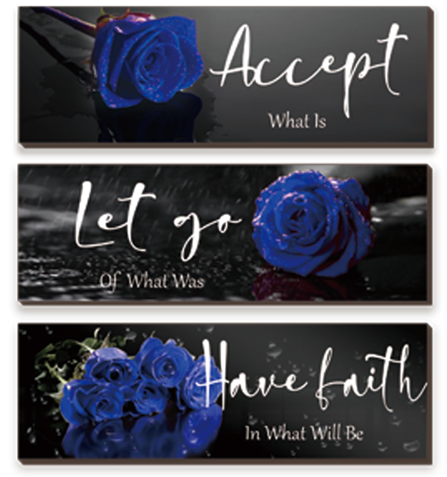 ZINYAZHE 3 Pcs Blue Wall Decor Inspirational Blue Bathroom Wall Decor Wooden Blue Rose Wall Art Office Wall Decor With Accept Le