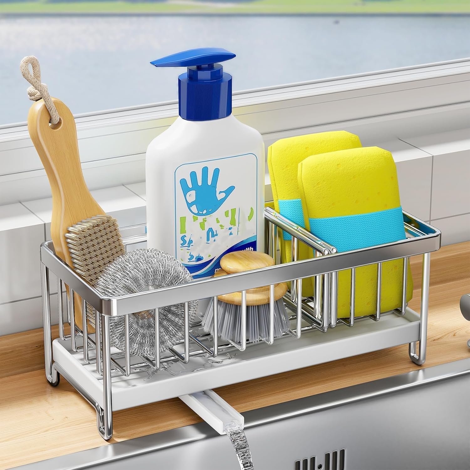 JYFKINN Kitchen Sink Sponge Holder  Kitchen Sink Caddy 304 Stainless Sponge Holder for Kitchen Sink Sponge Organizer with Divider Diversion Drainage  Dish Soap Dispenser Brush Holder Storage