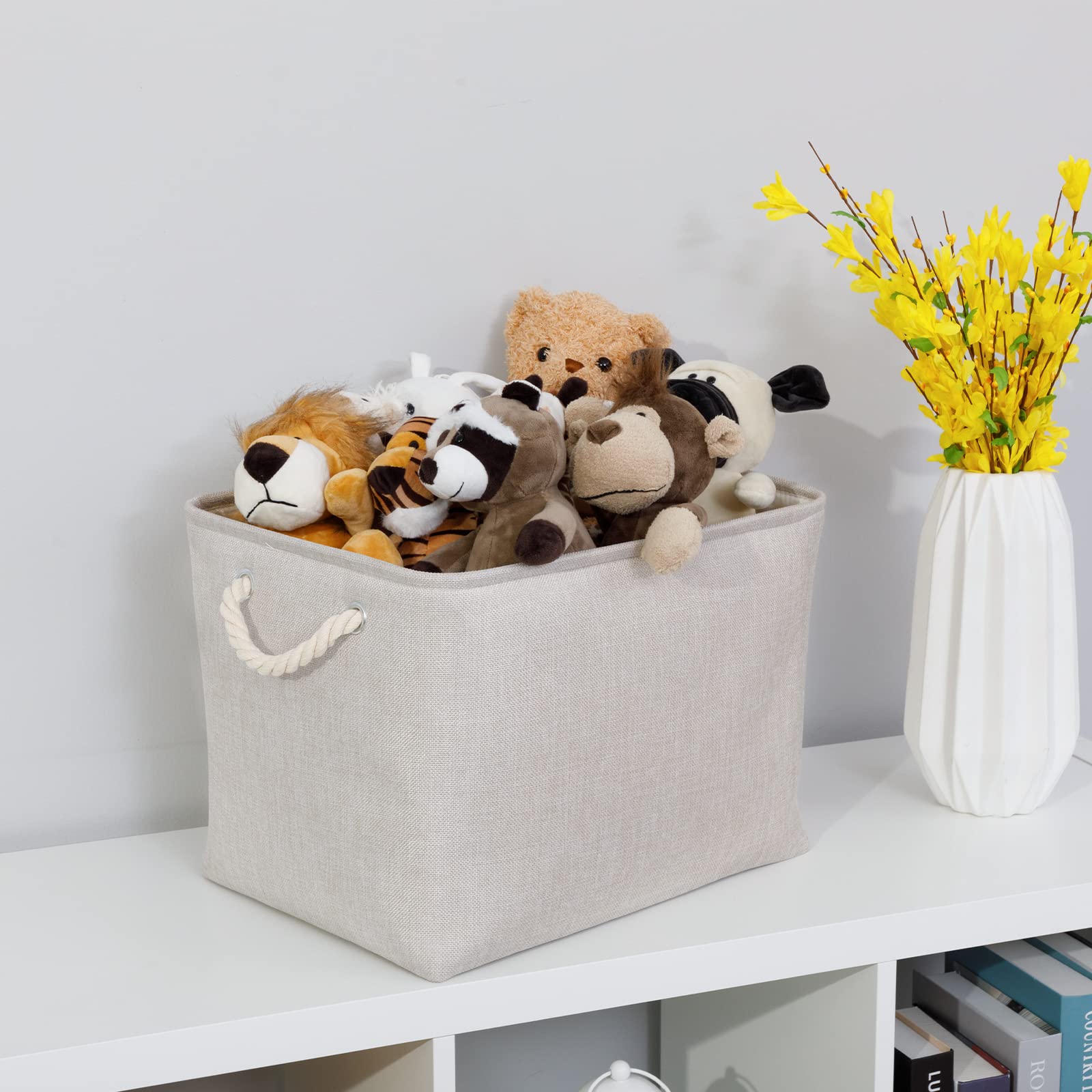 Bidtakay Large Fabric Storage Bins Beige Linen Closet Organizers Set Of 2 Baskets For Shelves Clothes Bedroom 16X11.8X11.8 Inch