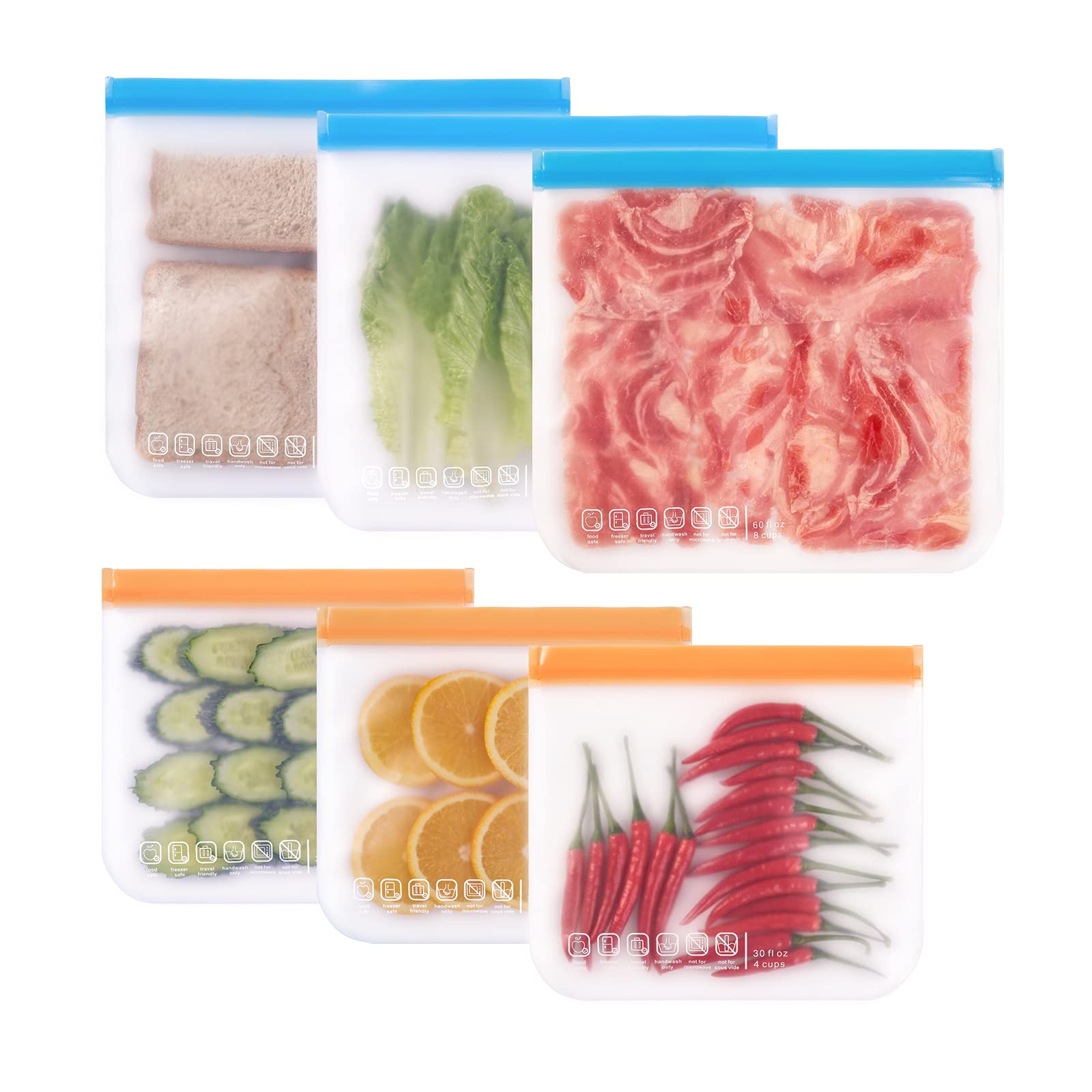Reusable Food Storage Bags- 6 Pack Bpa Free Flat Freezer Bags (3 Reusable Gallon Bags & 3 Leakproof Reusable Sandwich Bags) For 