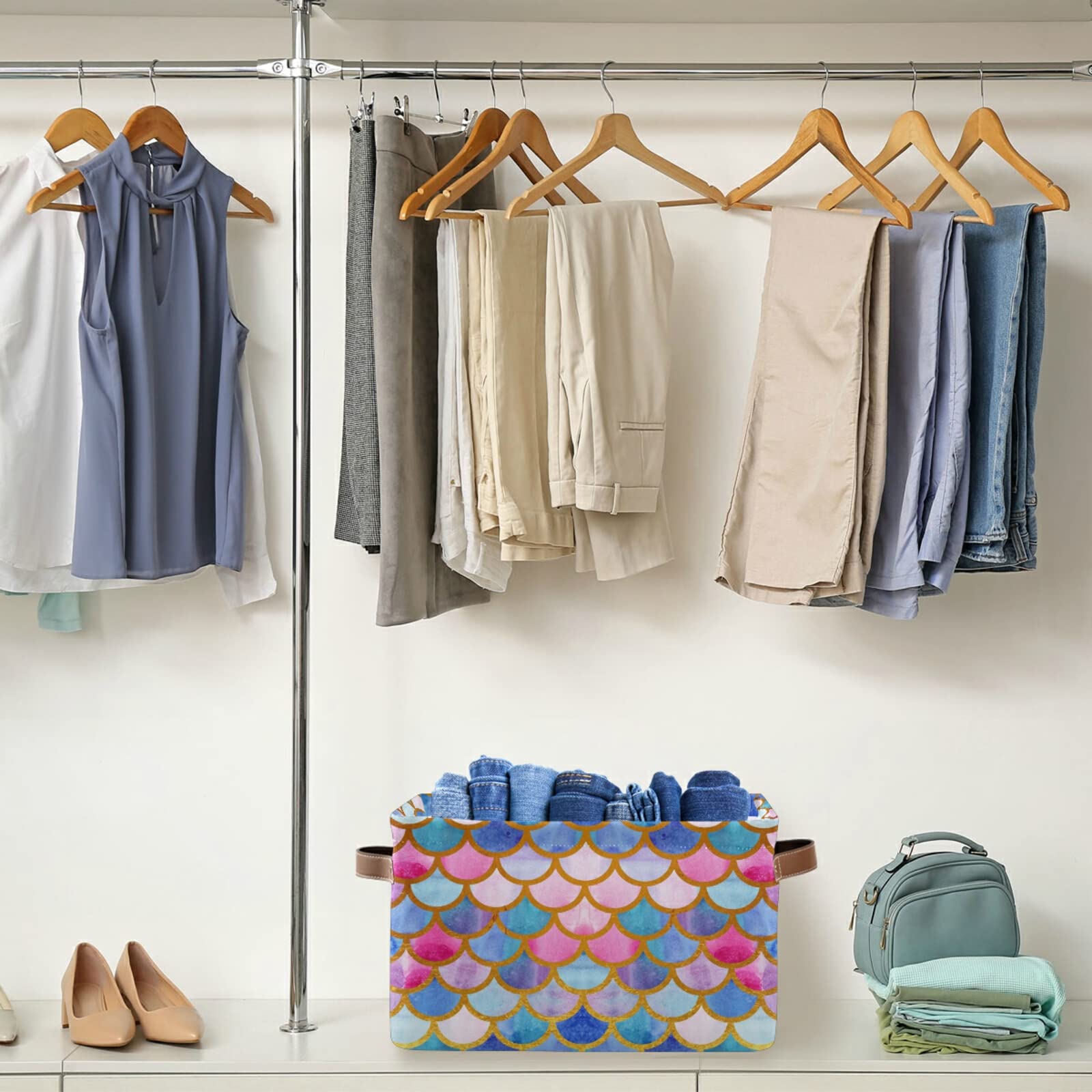 Rectangular Storage Basket Storage Bin - Mermaid Fish Scales Colorful Collapsible Storage Box With Leather Handles Shelves Baske