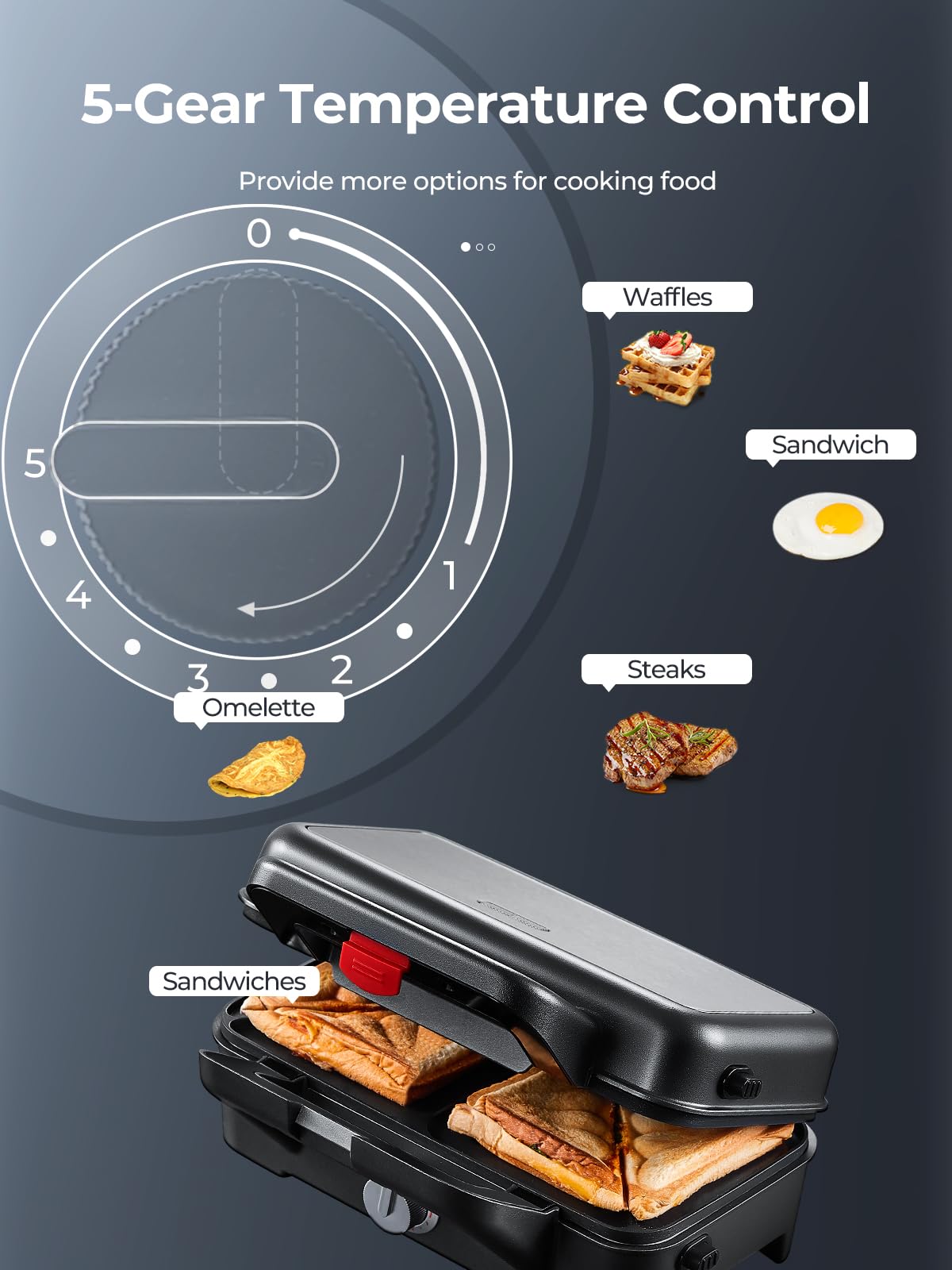 Amegat 3 In 1 Sandwich Maker, Waffle Maker With Removables Plates, Panini Press Waffle Iron Set With 5-Gear Temperature Control,