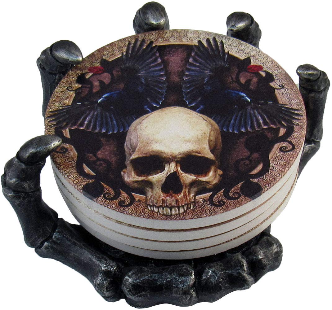 Dwk - Helping Hand - Beautiful Gothic Skull Beverage Coasters With Creepy Skeleton Hand Holder For Halloween Home Kitchen Dining