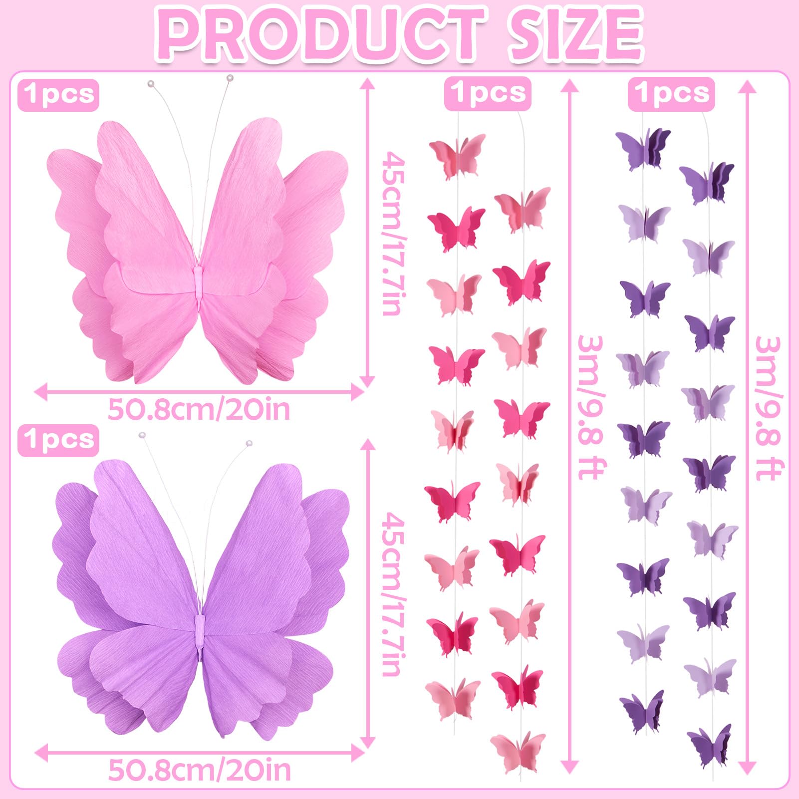 Homarkable Butterfly Decorations with 20 Inch Large Hanging Butterflies and Butterfly Garland, Purple Butterfly Party Decortions