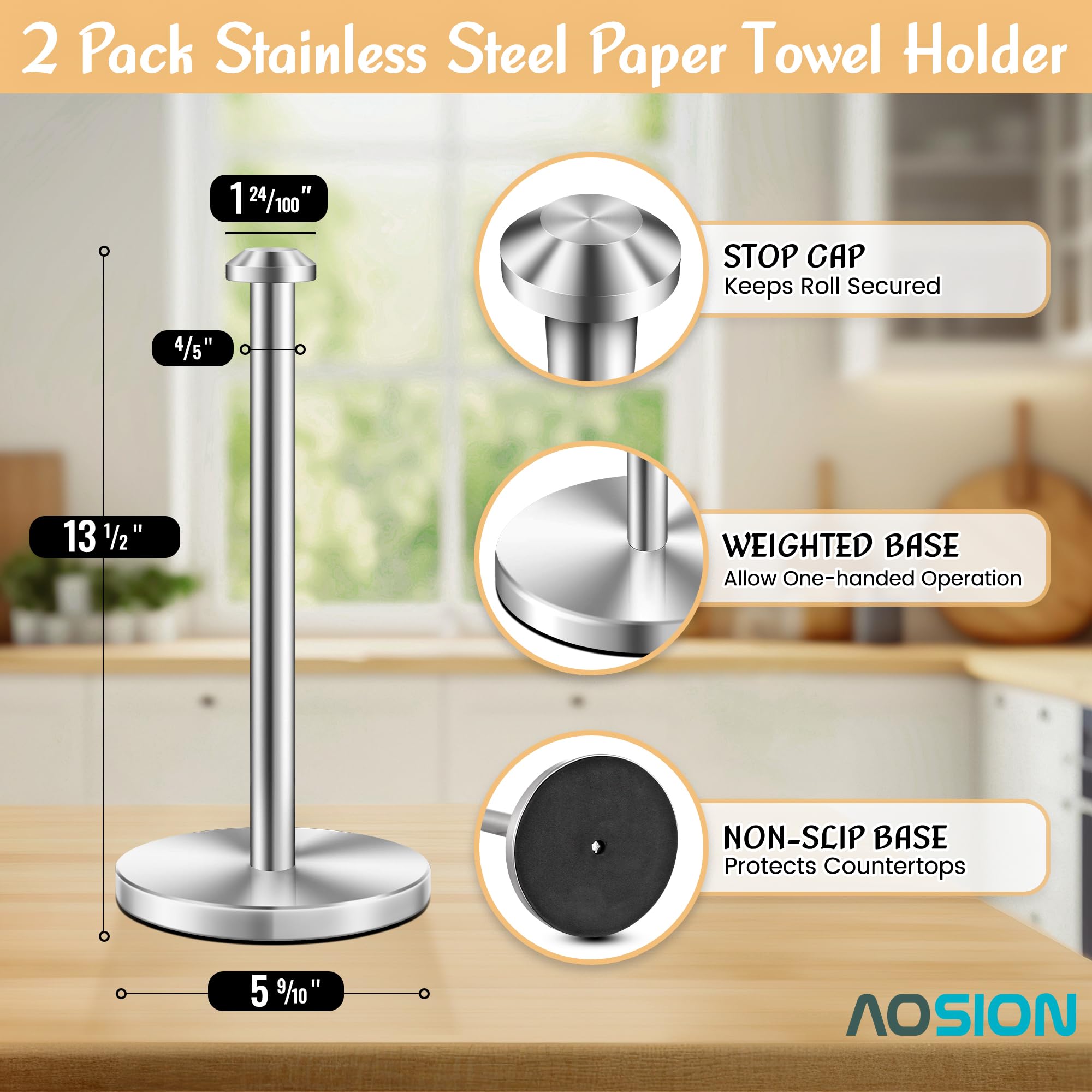 Aosion 2 Pack Stainless Steel Paper Towel Holder,Paper Towel Holder Countertop,Standing Paper Towel Holders For Kitchen Bedroom